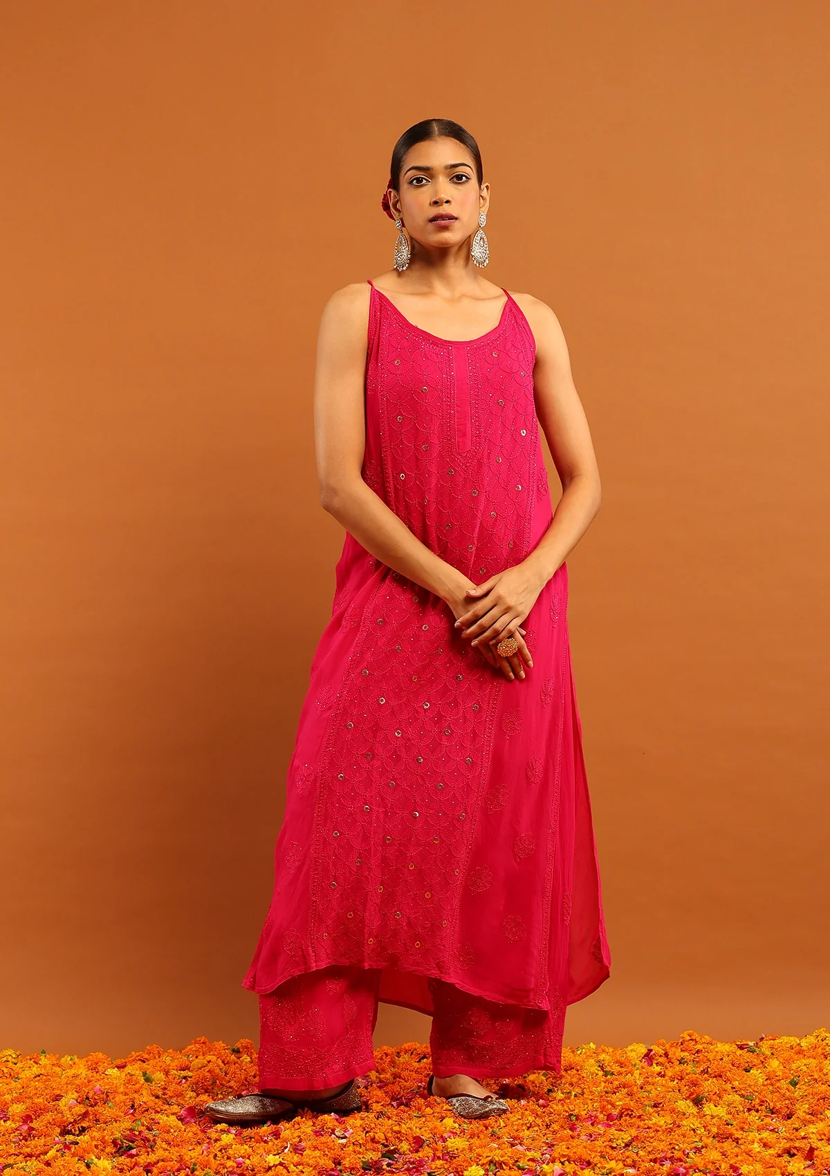 HOC Viscose Georgette Chikankari Mukaish & Kamdani Solid Women's 3 PC Long Kurta Set-Magenta - Healthber