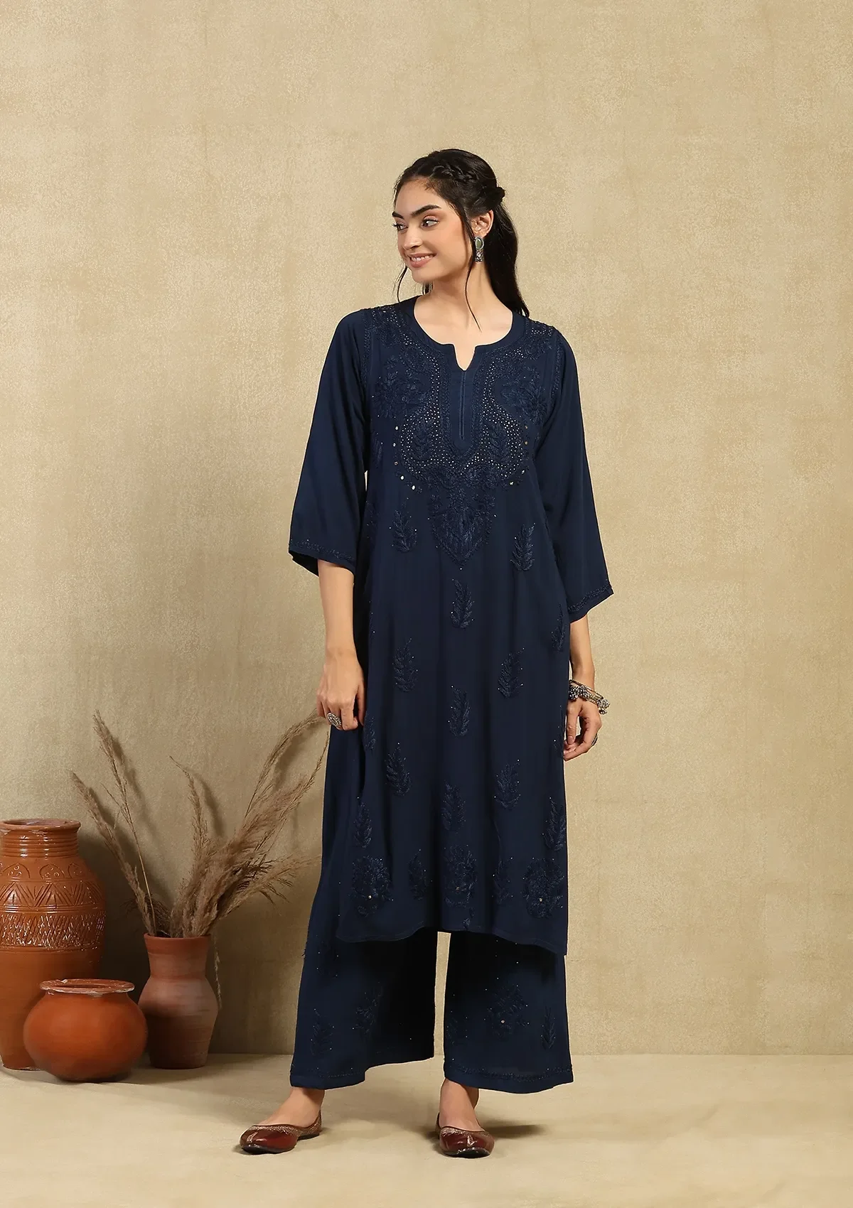 HOC Rayon Chikankari Mukaish Solid Women's 2PC Long Kurta Set -Navy Blue - Healthber
