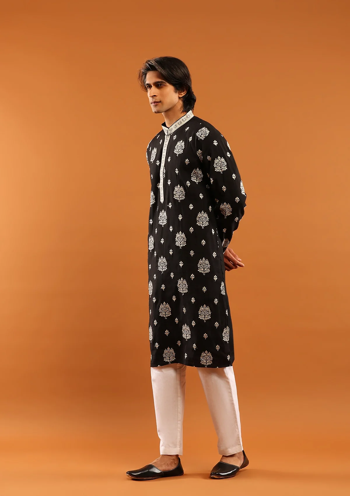 HOC Poly Silk Zari Embroidered Solid Men's Long Kurta- Black - Healthber