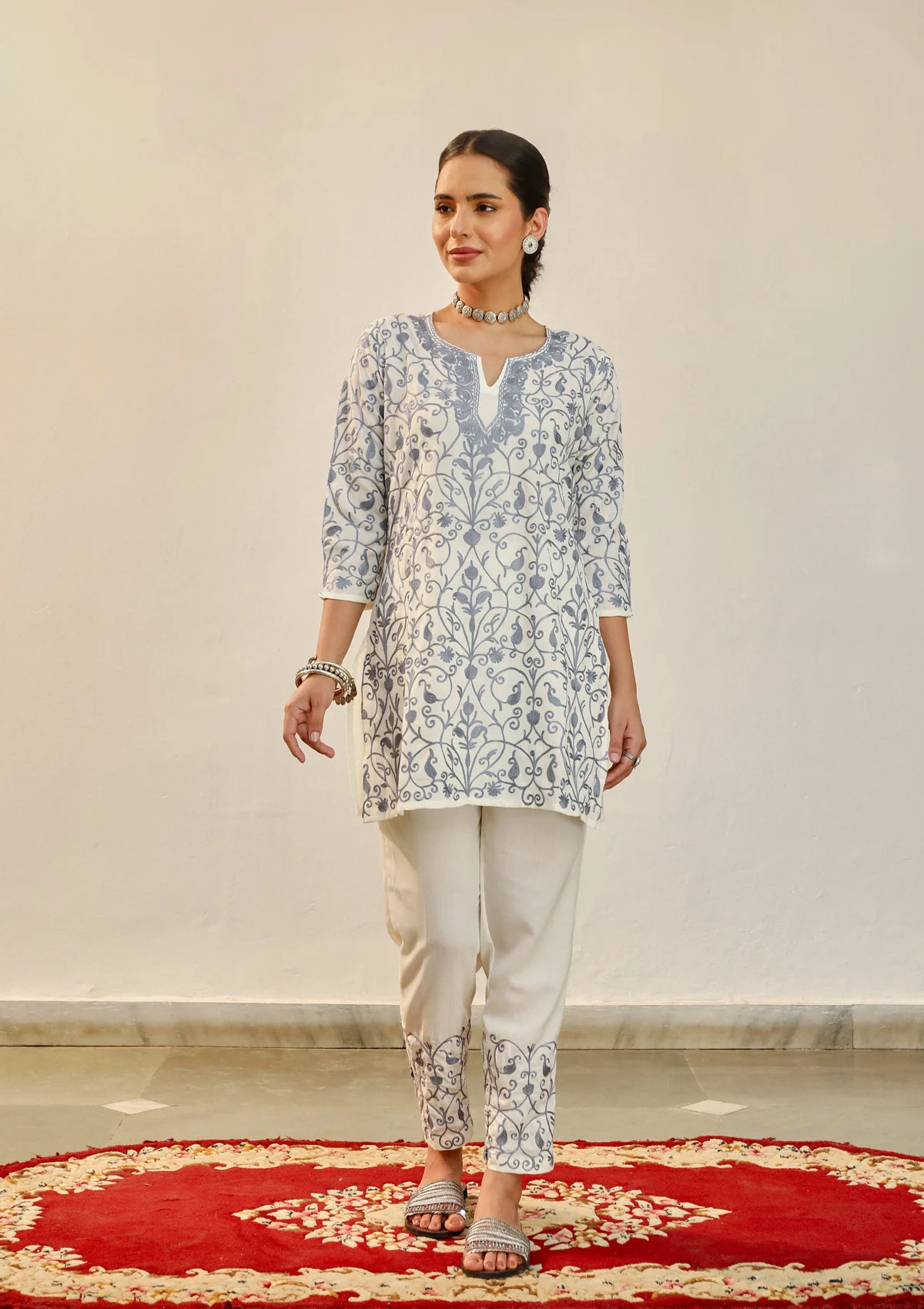 HOC Aari Embroidered Cotton Solid Women's 2 PC Co-ord Set - Off White - Healthber