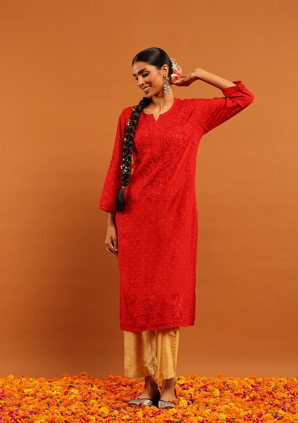 HOC Banarasi Chanderi Chikankari Solid Women's Long Kurta-Red - Healthber