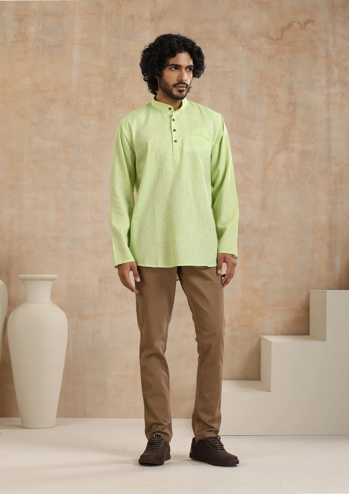 HOC Poly Cotton Solid Men's Short Kurta - Green - Healthber