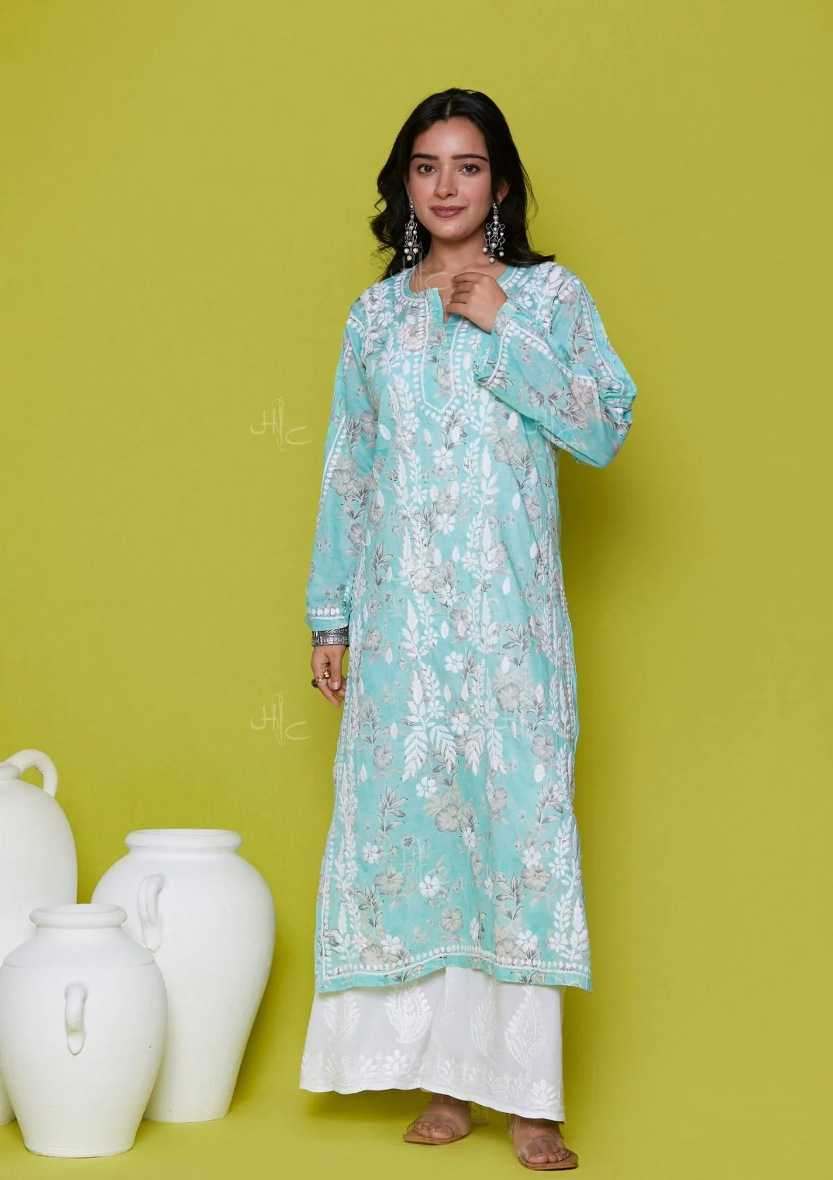 HOC Mulmul Chikankari Printed Women's Long Kurta - Blue - Healthber