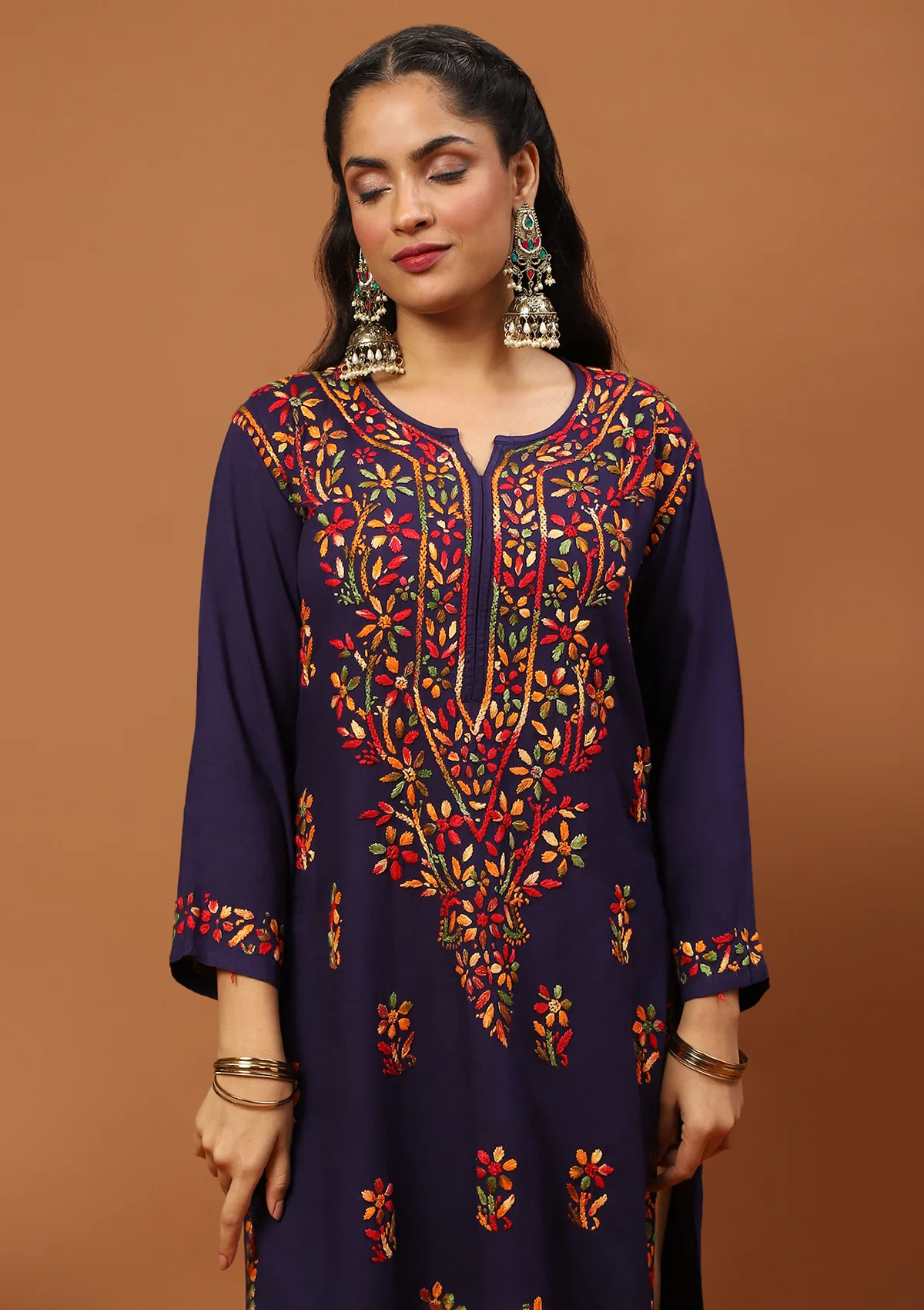 HOC Rayon Chikankari Solid Women's Long Kurta -Dark Blue - Healthber