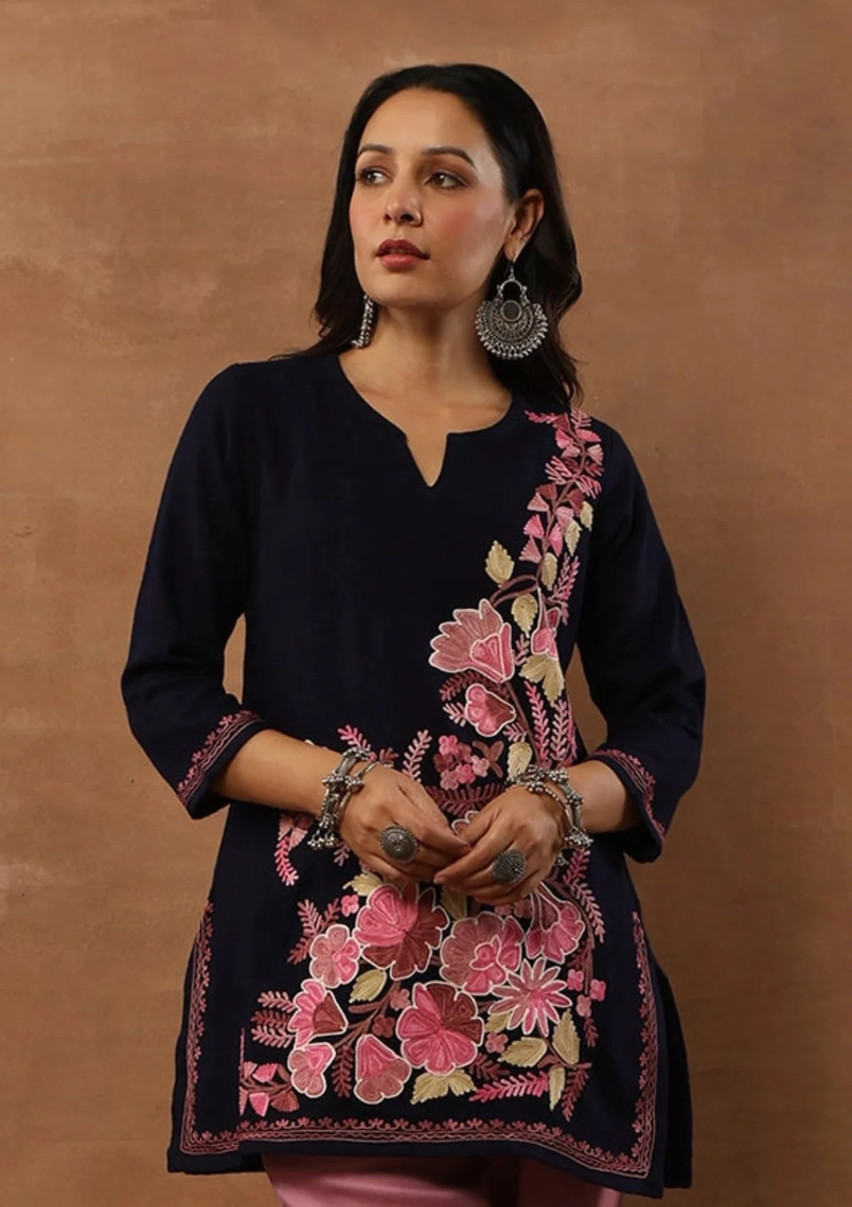 HOC Aari Embroidered Woollen Solid Women's Short Kurta - Navy Blue - Healthber