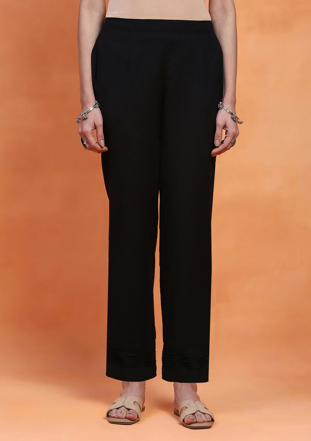 HOC Cotton Solid Women's Pintuck Pants with Lace - Black - Healthber