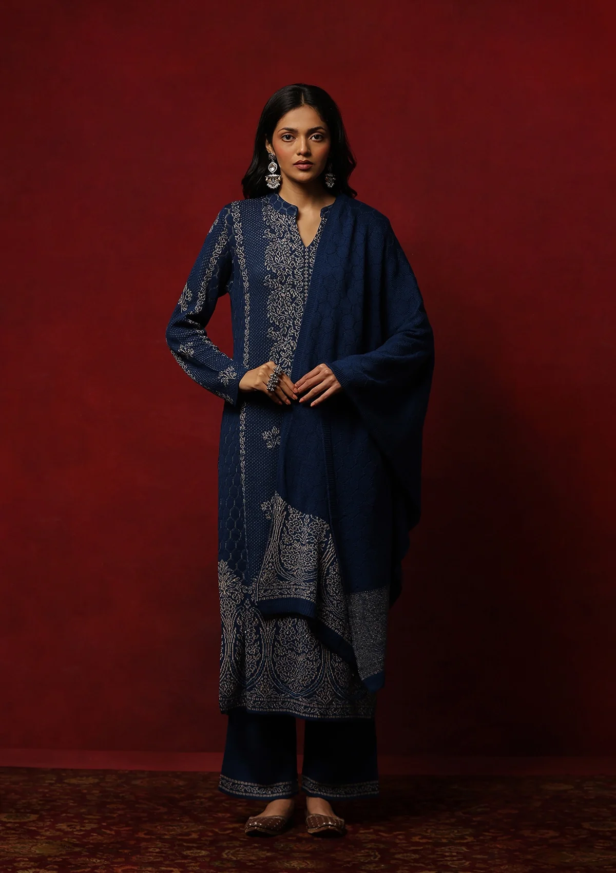 HOC Crafts Woollen Hand Embellished Solid Women's 3 PC Kurta Set- Blue - Healthber