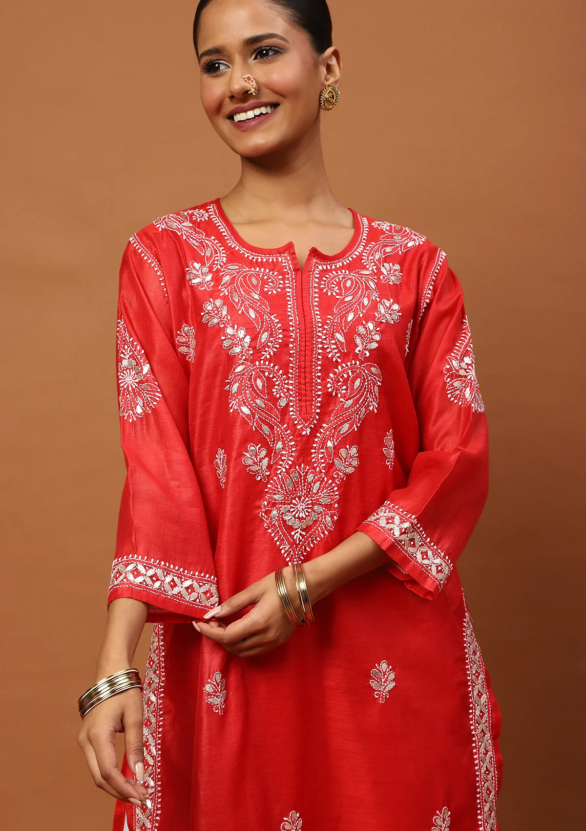 HOC Chanderi Chikankari Gota Work Solid Women's 4 PC Long Kurta Set-Red - Healthber