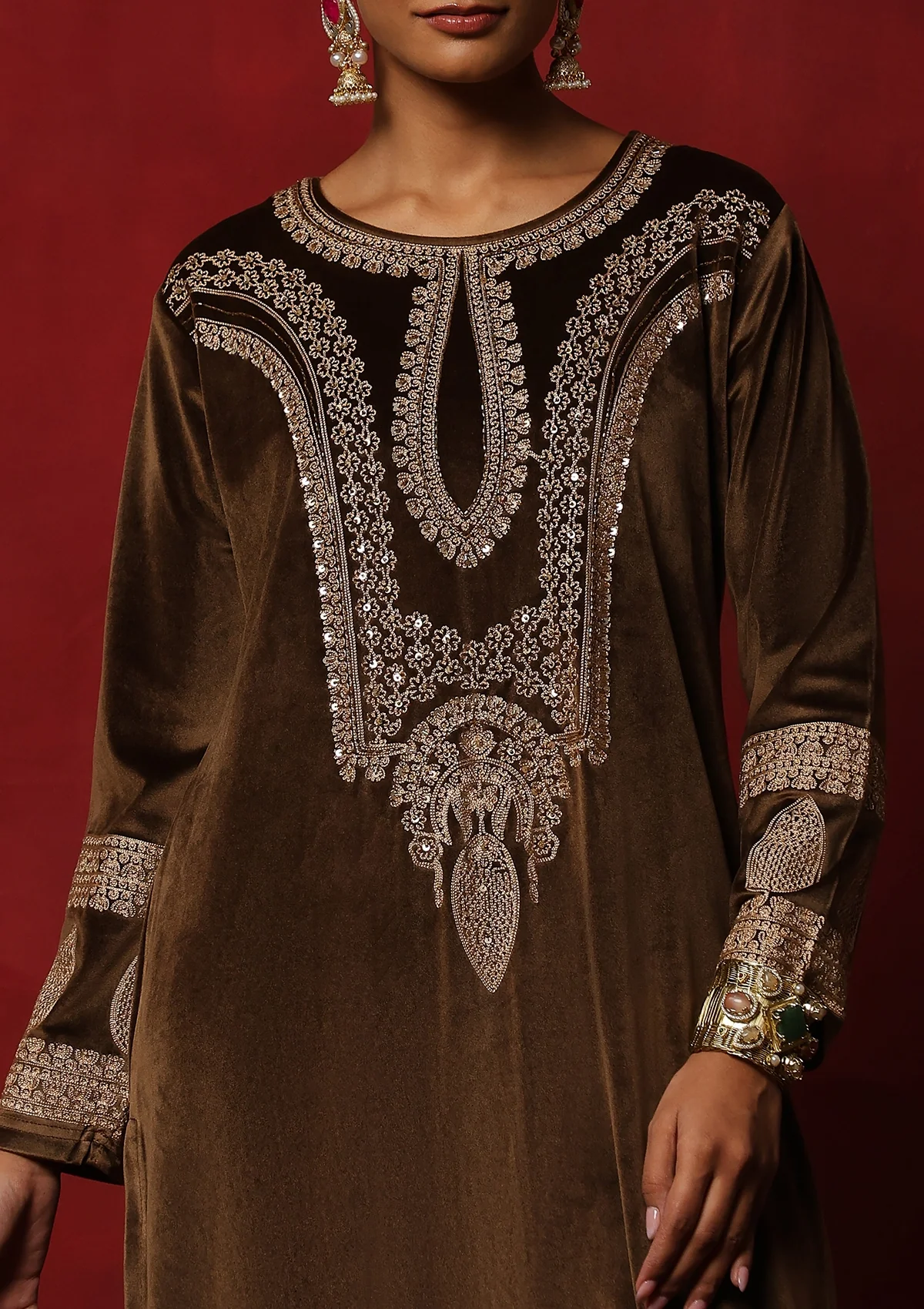 HOC Velvet Embroidered & Embellished Solid Women's 3 PC Kurta Set- Brown - Healthber
