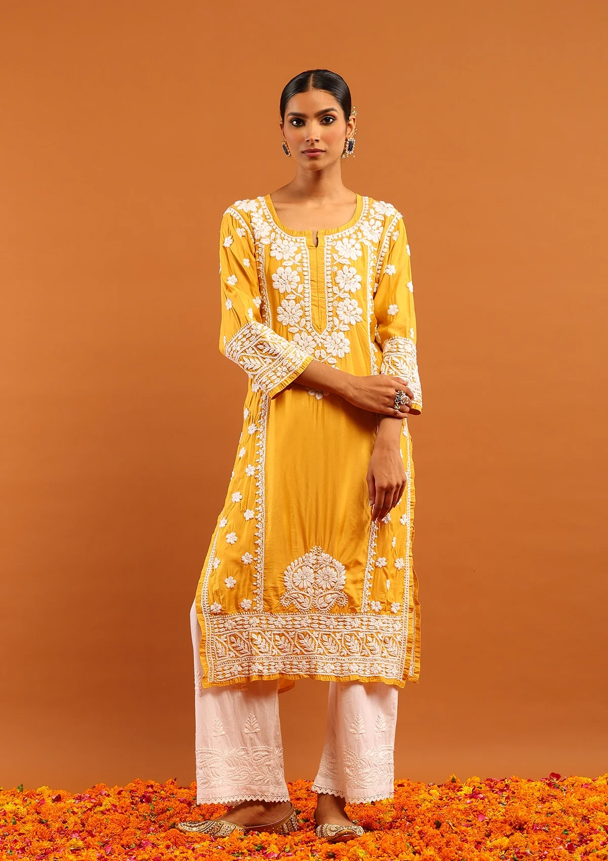 HOC Chanderi Chikankari Solid Women's Long Kurta - Mustard - Healthber