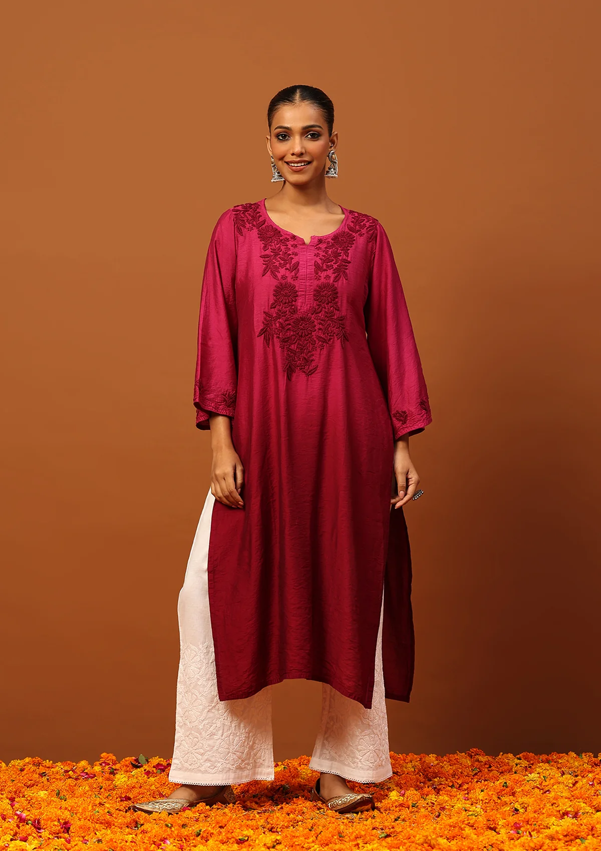 HOC Chanderi Chikankari Ombre Women's Long Kurta -Wine - Healthber