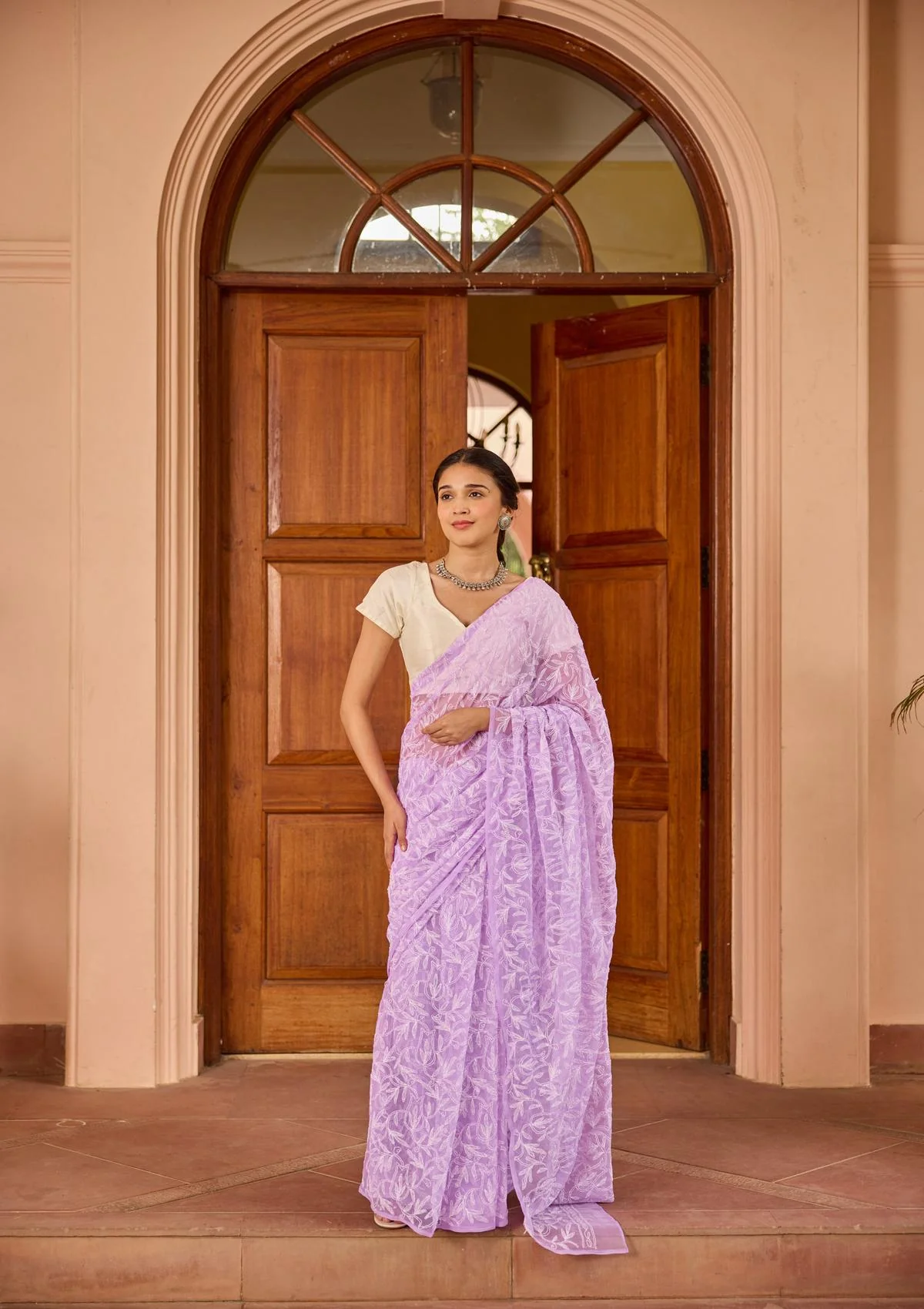 HOC Georgette Handwork Chikankari Tepchi Jaal Work Solid Women's Saree - Lavender - Healthber