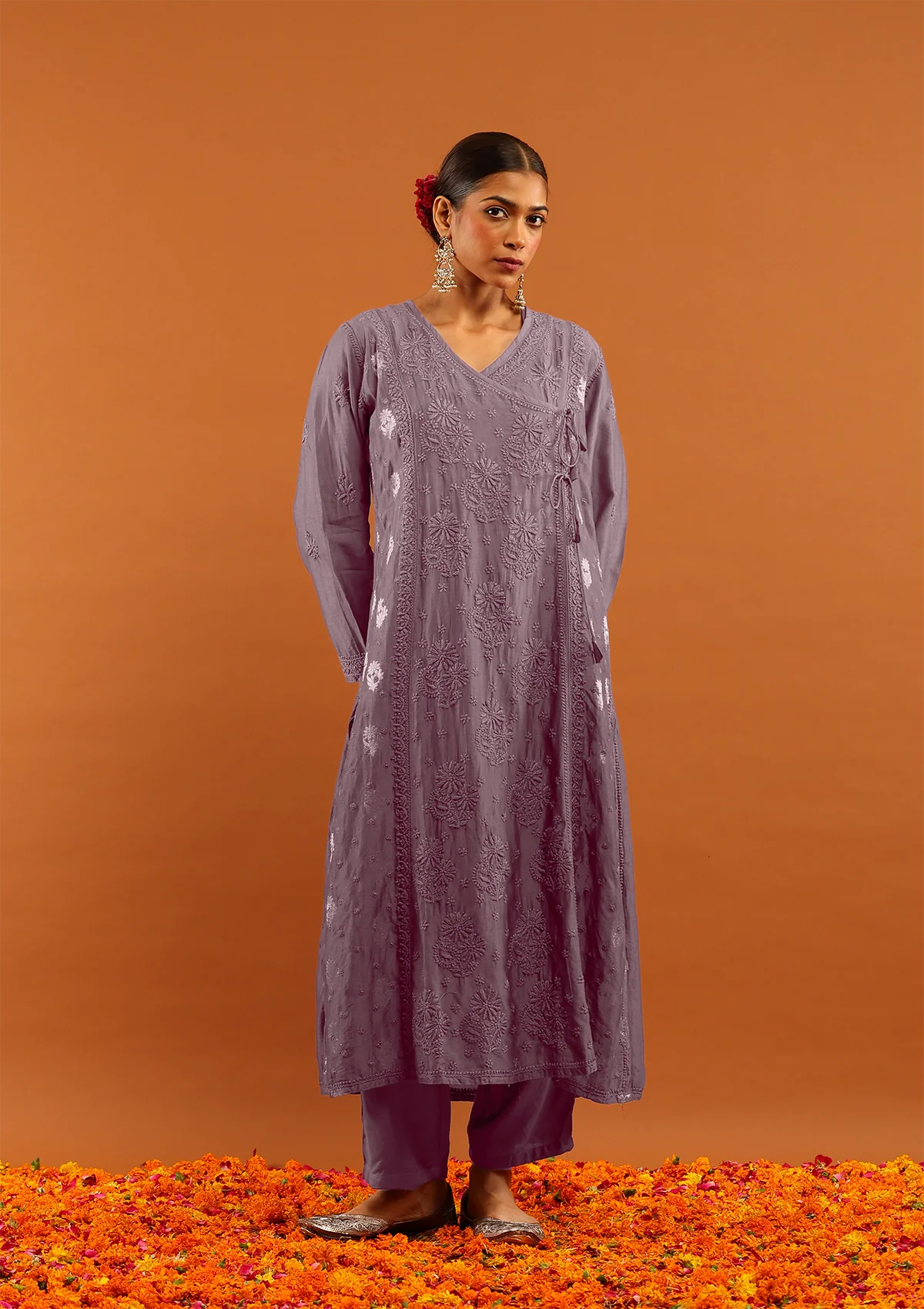 HOC Banarasi Mul Chanderi Chikankari Solid Women's 4PC Angrakha Kurta Set - Wine - Healthber