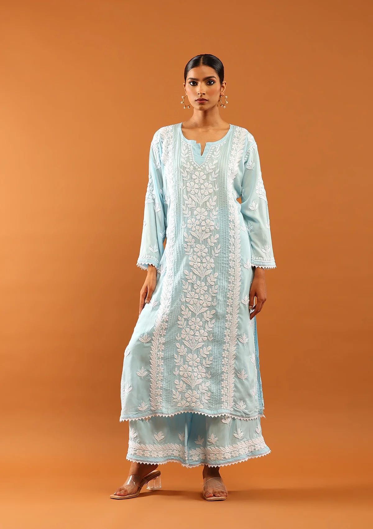HOC Modal Chikankari Solid Women's 2 PC Long Kurta Set With Lace -Pastel Blue - Healthber