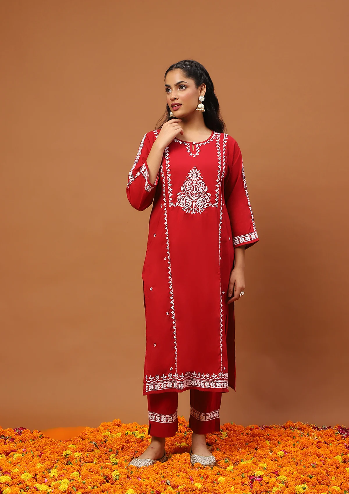 HOC Cotton Chikankari Solid Women's 2 PC Long Kurta Set-Red - Healthber