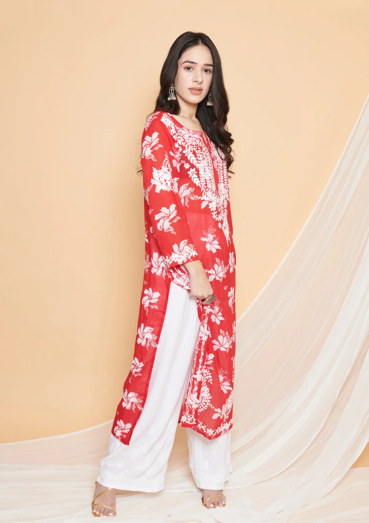 HOC Tamara Mulmul Chikankari Printed Women's Straight Kurta - Red - Healthber