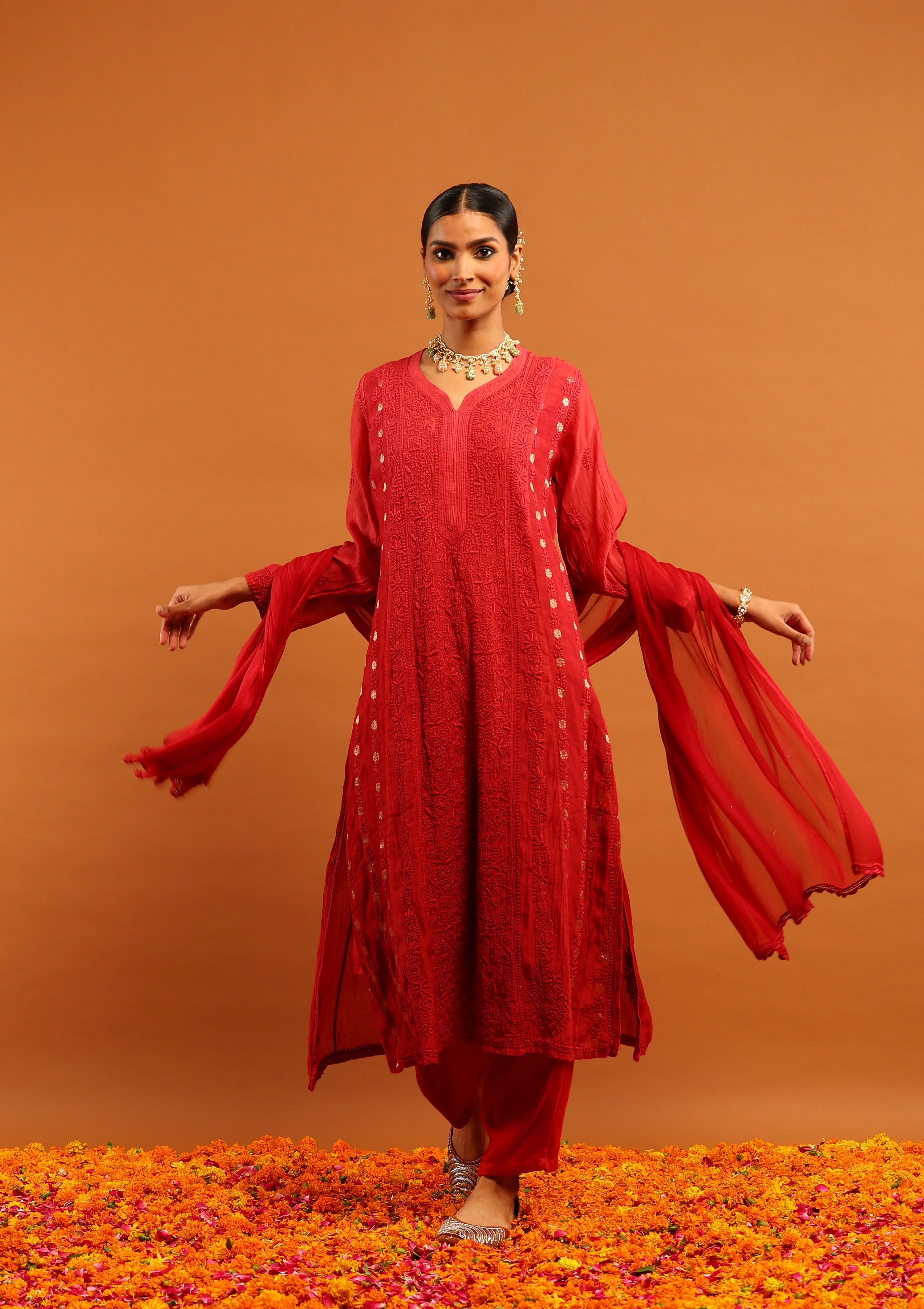 HOC Banarasi Mul Chanderi Chikankari Solid Women's 4 PC Straight Kurta Set - Red - Healthber
