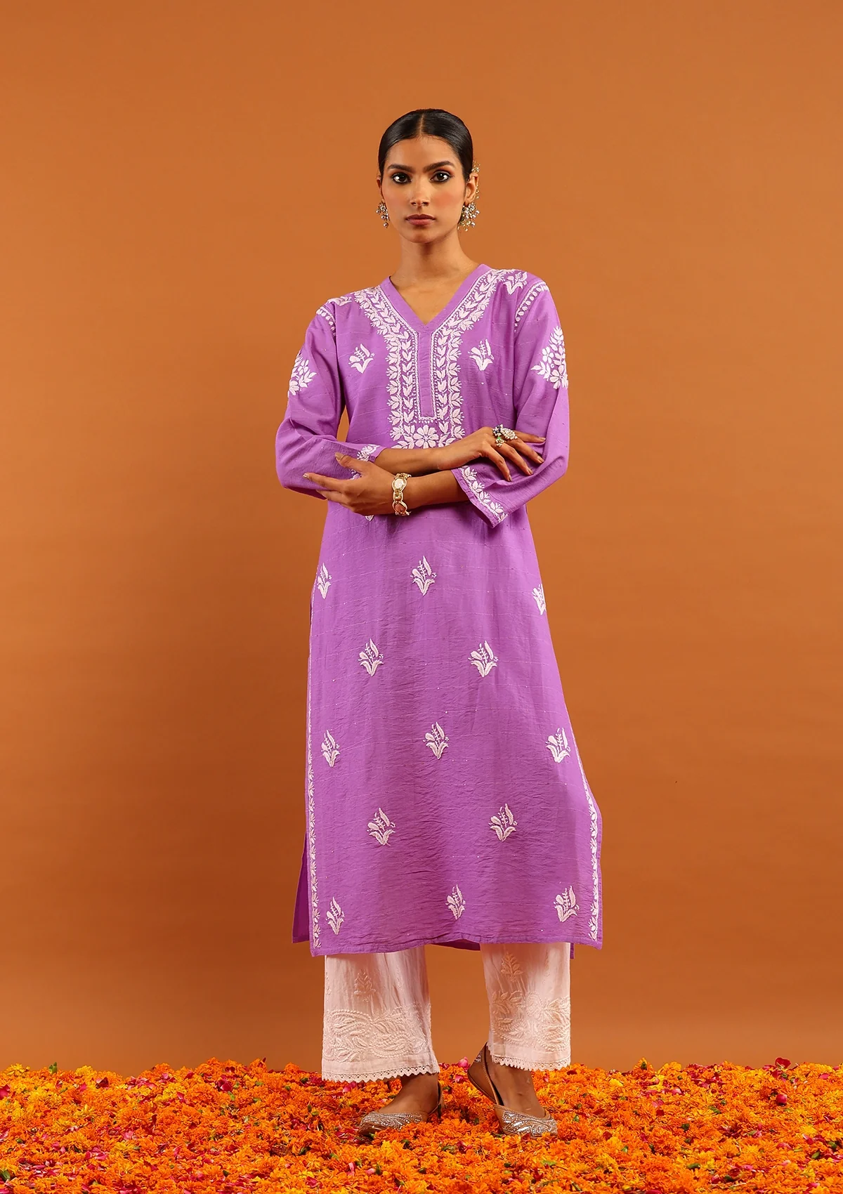 HOC Chanderi Chikankari With Sequins Solid Women's Long Kurta -Lavender - Healthber
