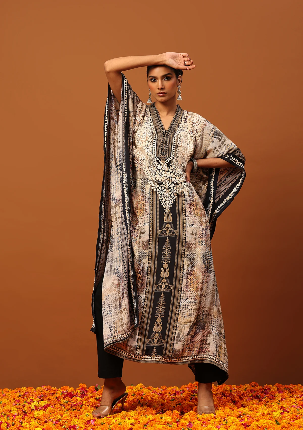 HOC Crepe Chikankari Printed Women's Kaftan -Brown - Healthber