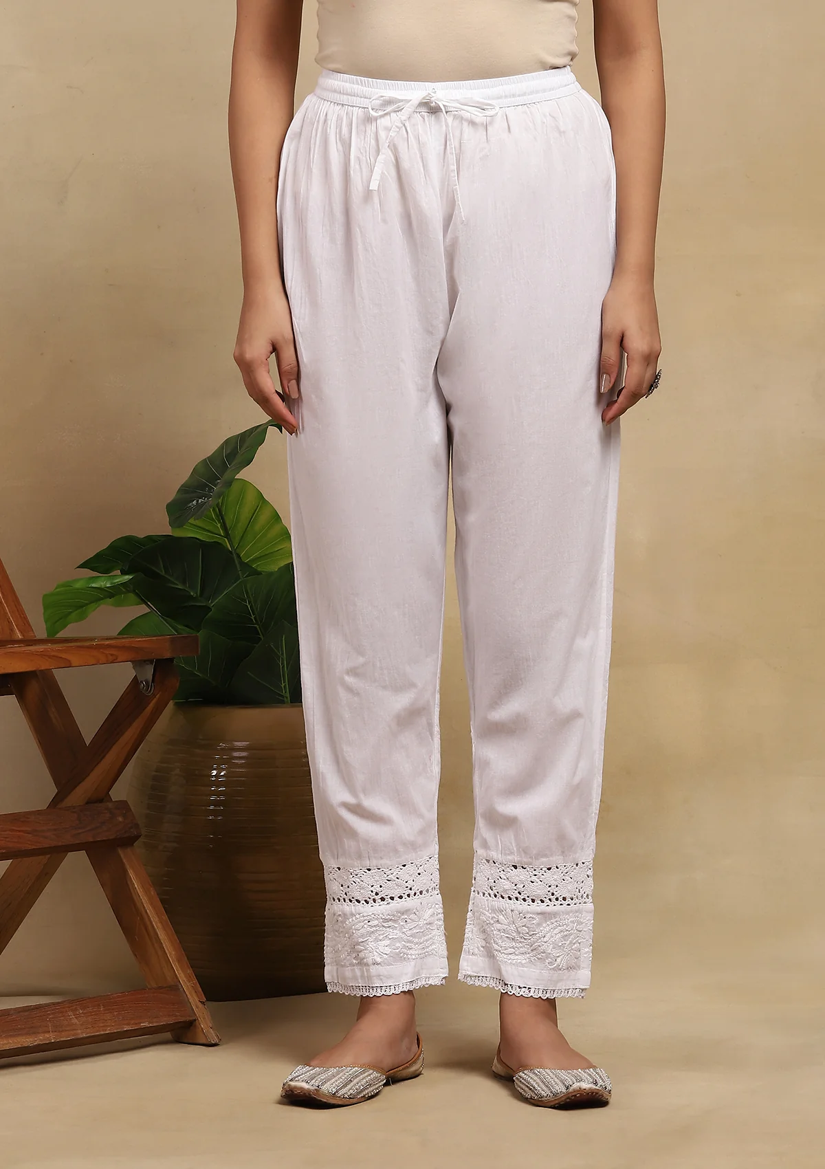 HOC Cotton Chikankari Mukaish Solid Women's Pants With Lace - White - Healthber
