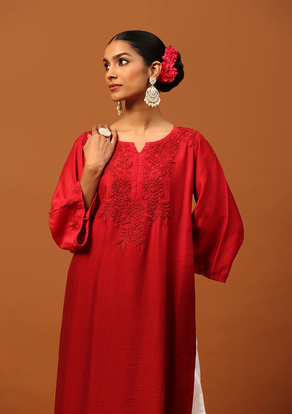 HOC Chanderi Chikankari Ombre Women's Long Kurta -Maroon - Healthber