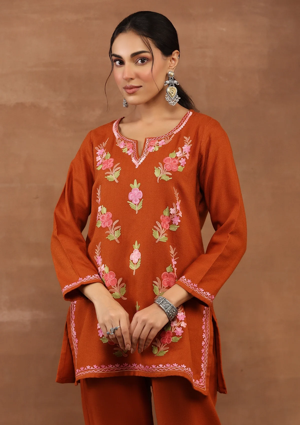 HOC Kashmiri Wool Aari Embroidered Solid Women's Short Kurta-Rust - Healthber