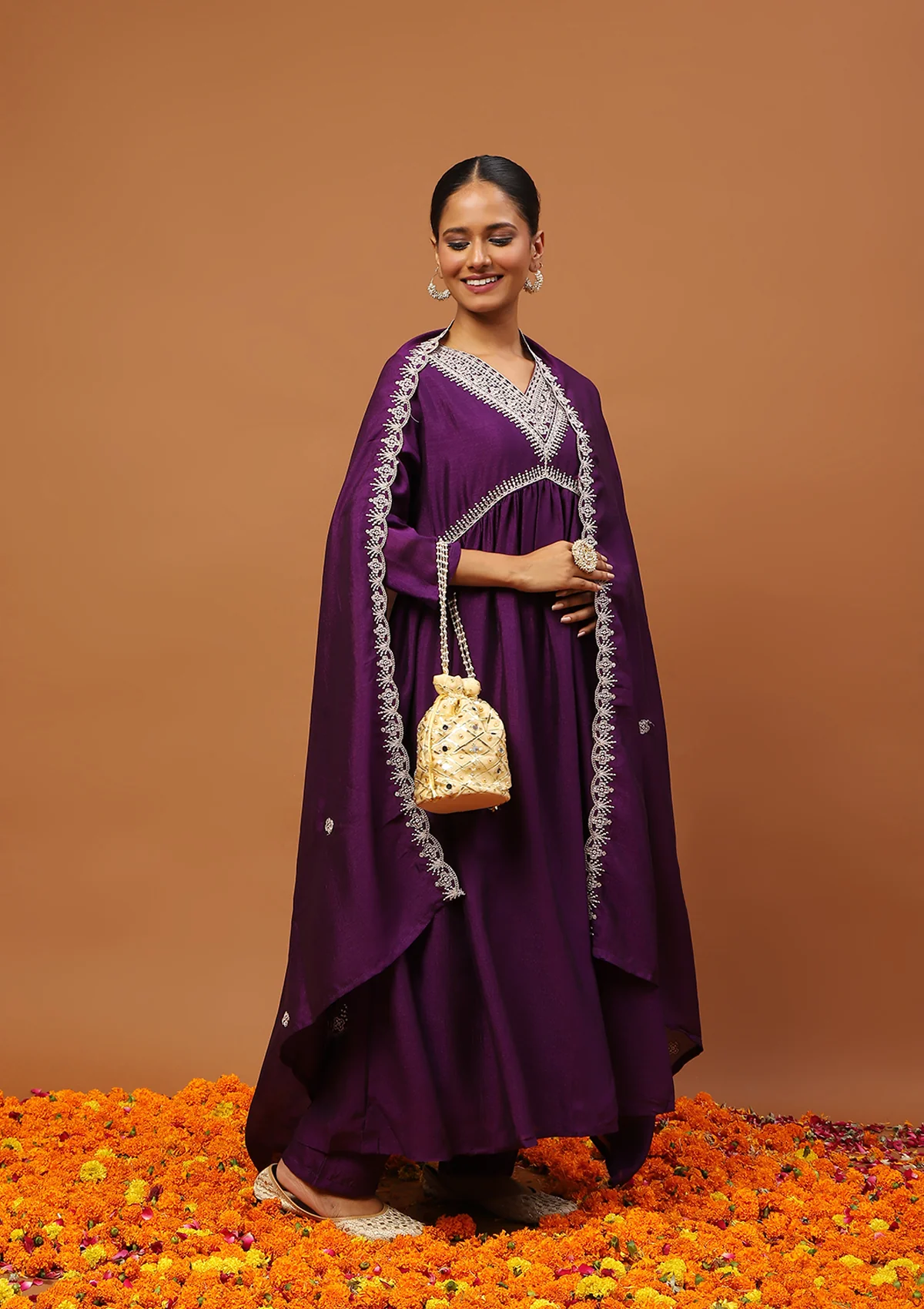 HOC Silk Blend Embroidered With Sequins Solid Women's 3 PC A-Line Kurta Set-Purple - Healthber