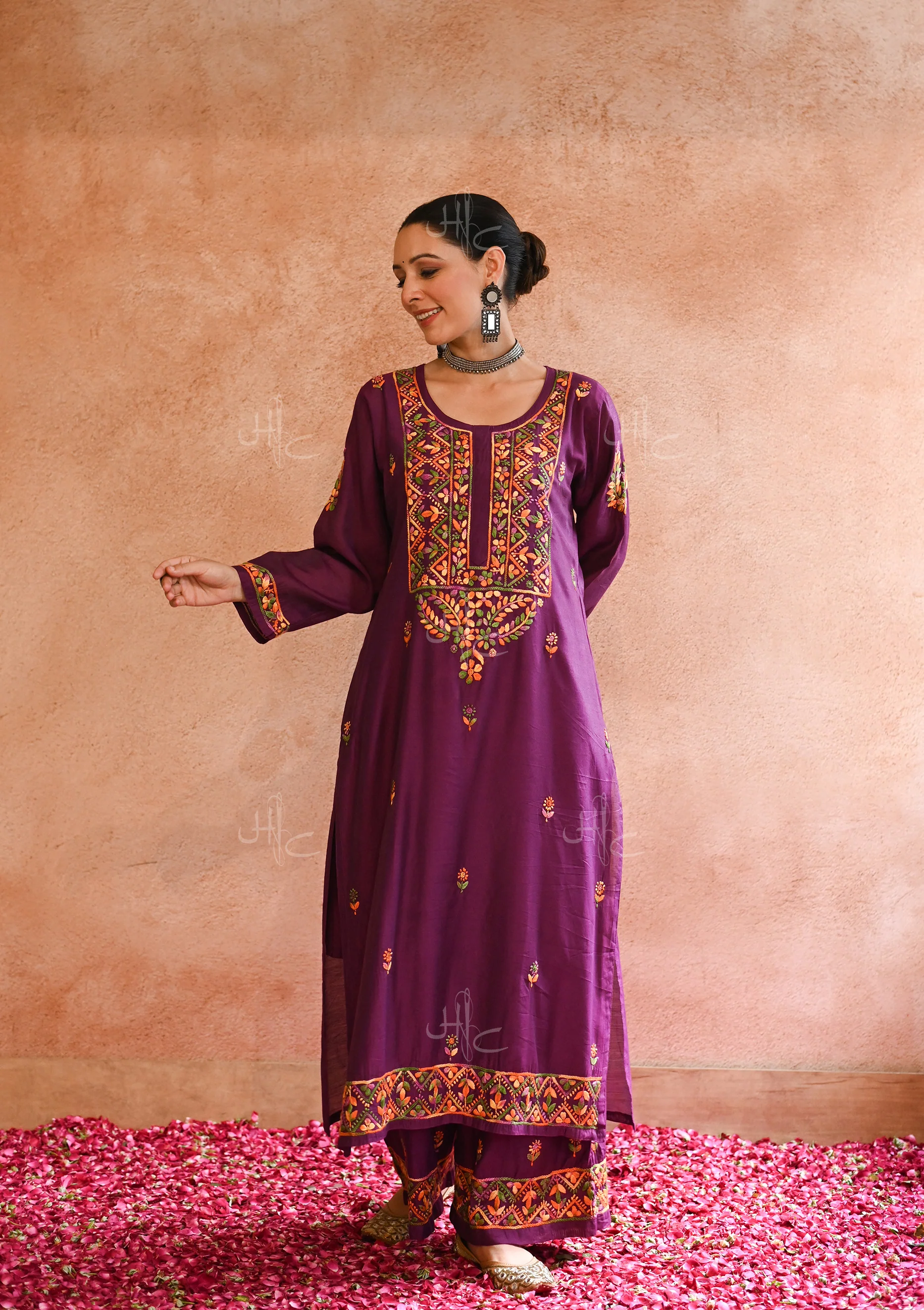 HOC Aafna Chikankari Chanderi Women's 2 PC Straight Kurta Set- Purple - Healthber