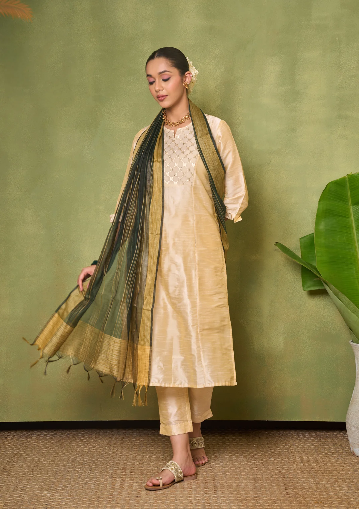 HOC Silk Blend Solid Women's 3 PC Long Kurta Set - Golden - Healthber
