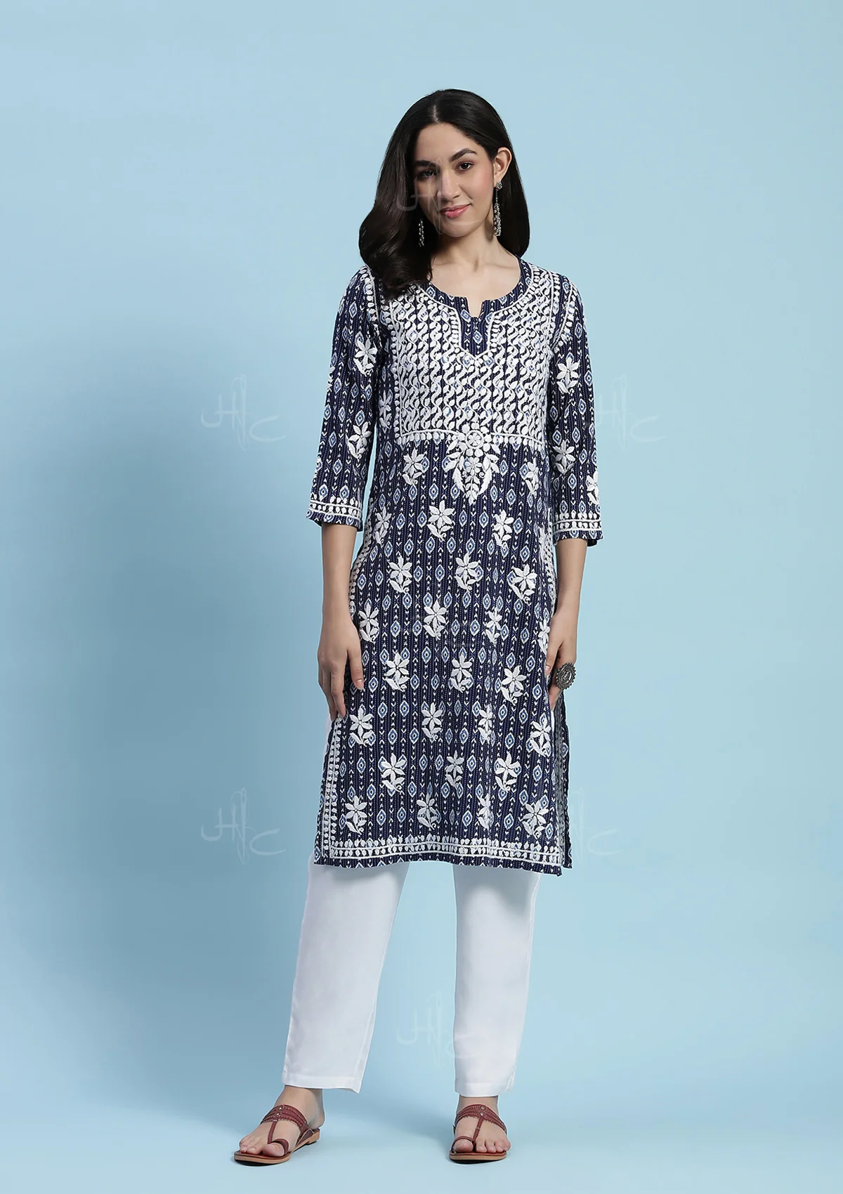HOC Kantha Cotton Chikankari Printed Women's Long Kurta - Blue - Healthber