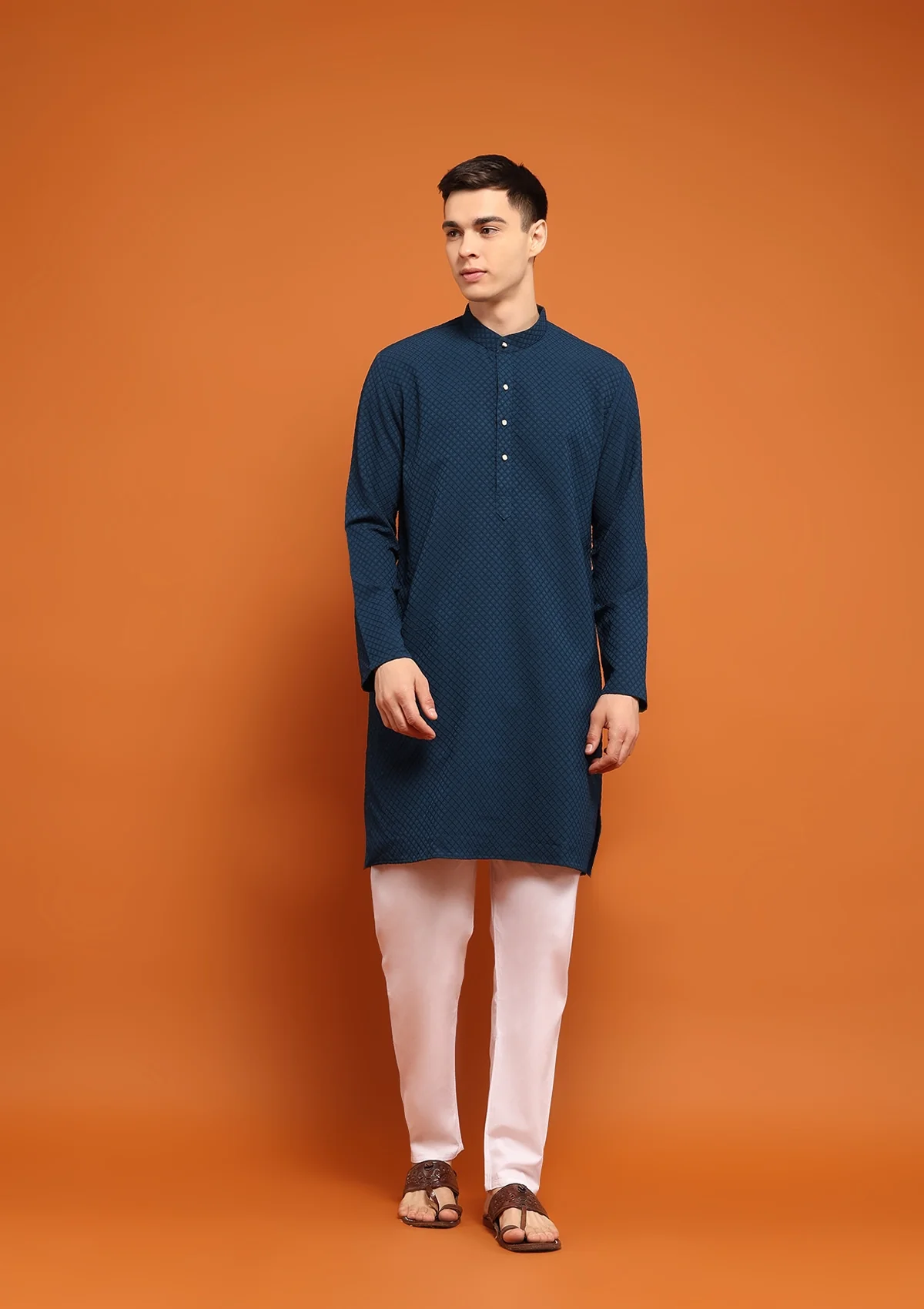 HOC Dobby Textured Solid Men's Long Kurta - Navy Blue - Healthber