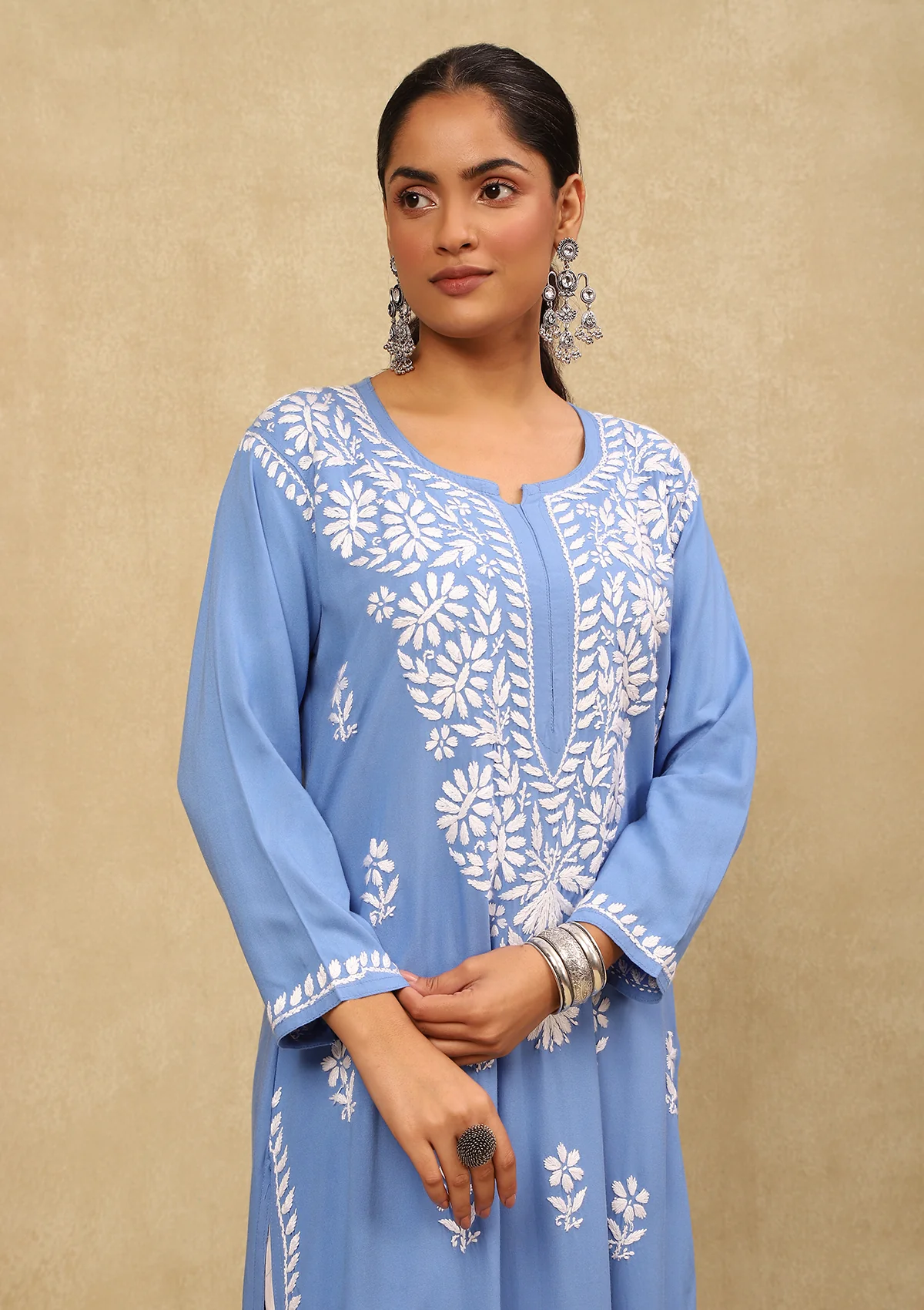 HOC Rayon Chikankari Solid Women's Long Kurta -Blue - Healthber