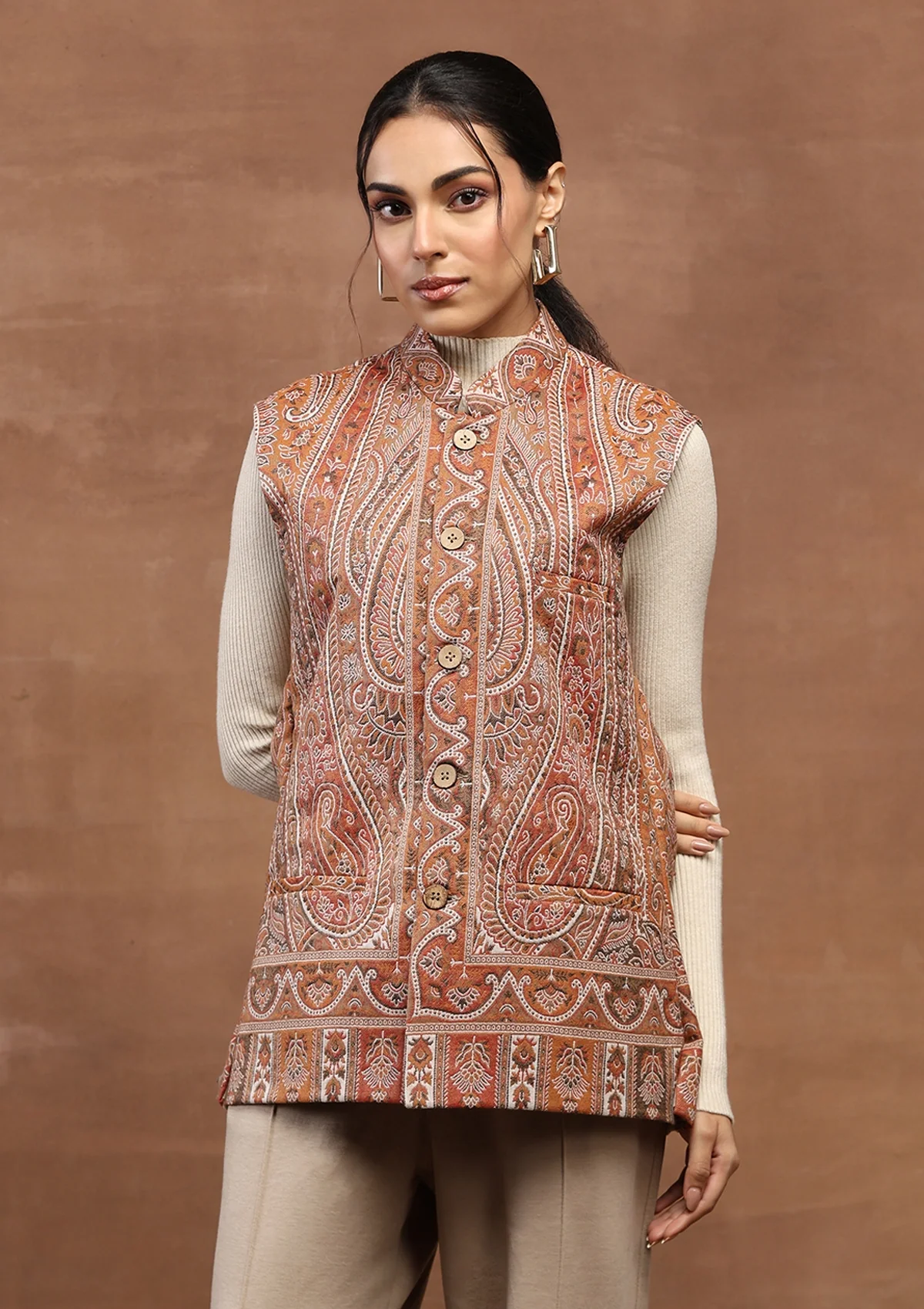 HOC Kashmiri Wool Kani Weave Women's Jacket -Beige - Healthber