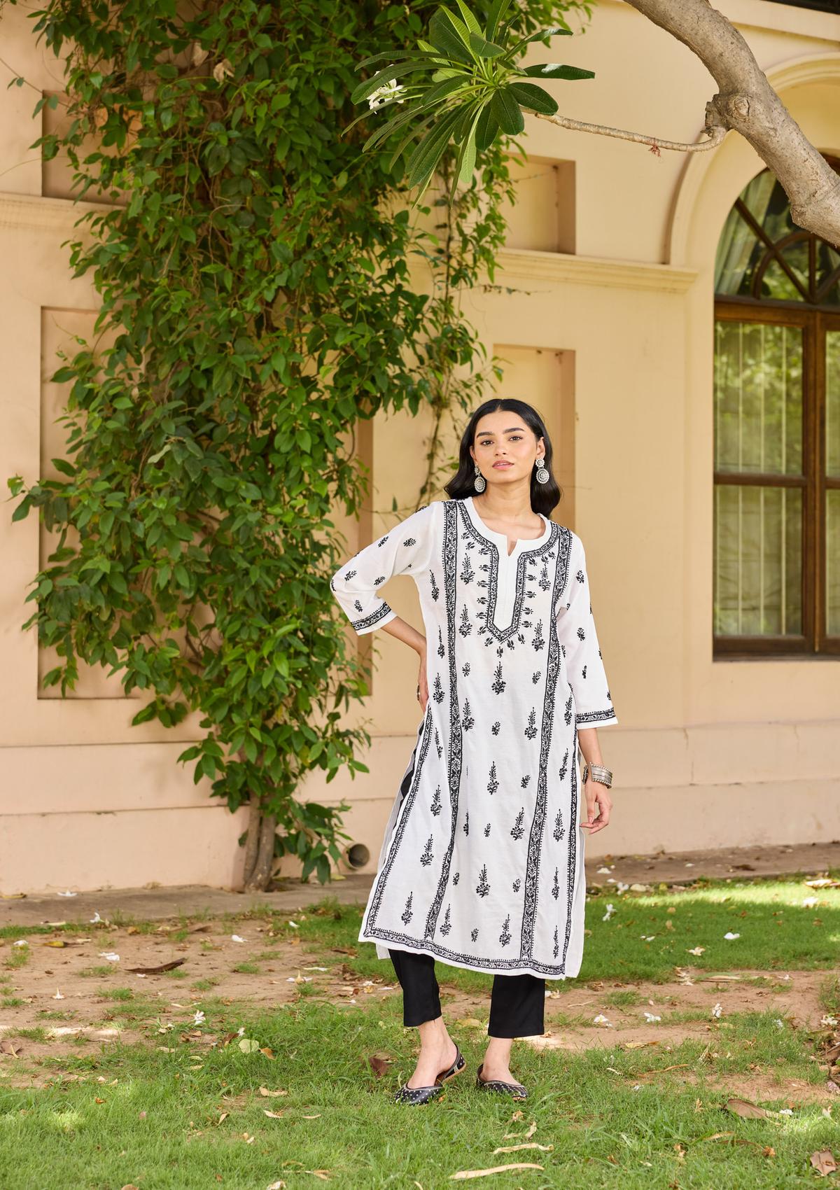 HOC Chanderi Chikankari Solid Women's Long Kurta  - White - Healthber