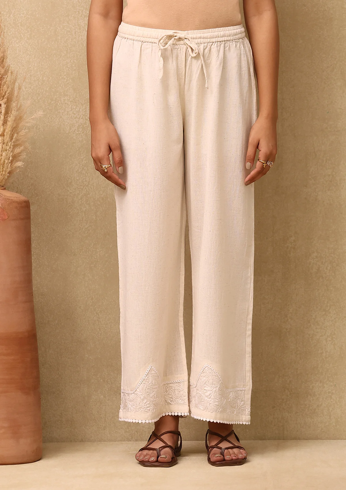 HOC Cotton Linen Blend Chikankari Solid Women's Palazzo - Off White - Healthber