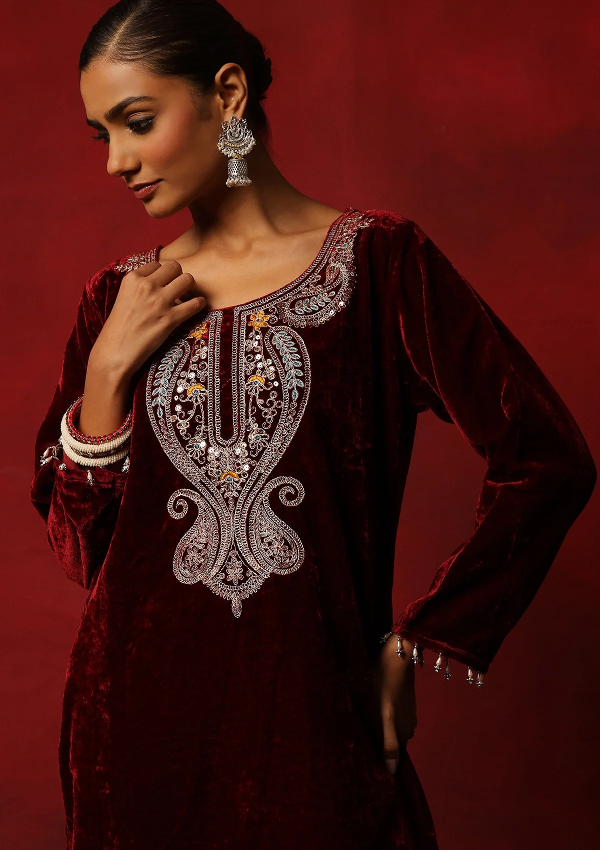 HOC Velvet Zari Embroidered With Sequins Women's Solid 3 PC Kurta Set-Maroon - Healthber