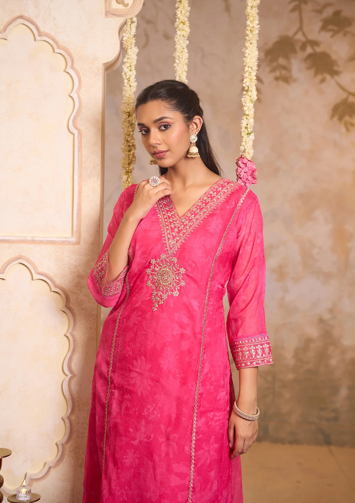 HOC Organza Blend Embroidered Zardozi Printed Women's 3 PC A-Line Kurta Set-Pink - Healthber