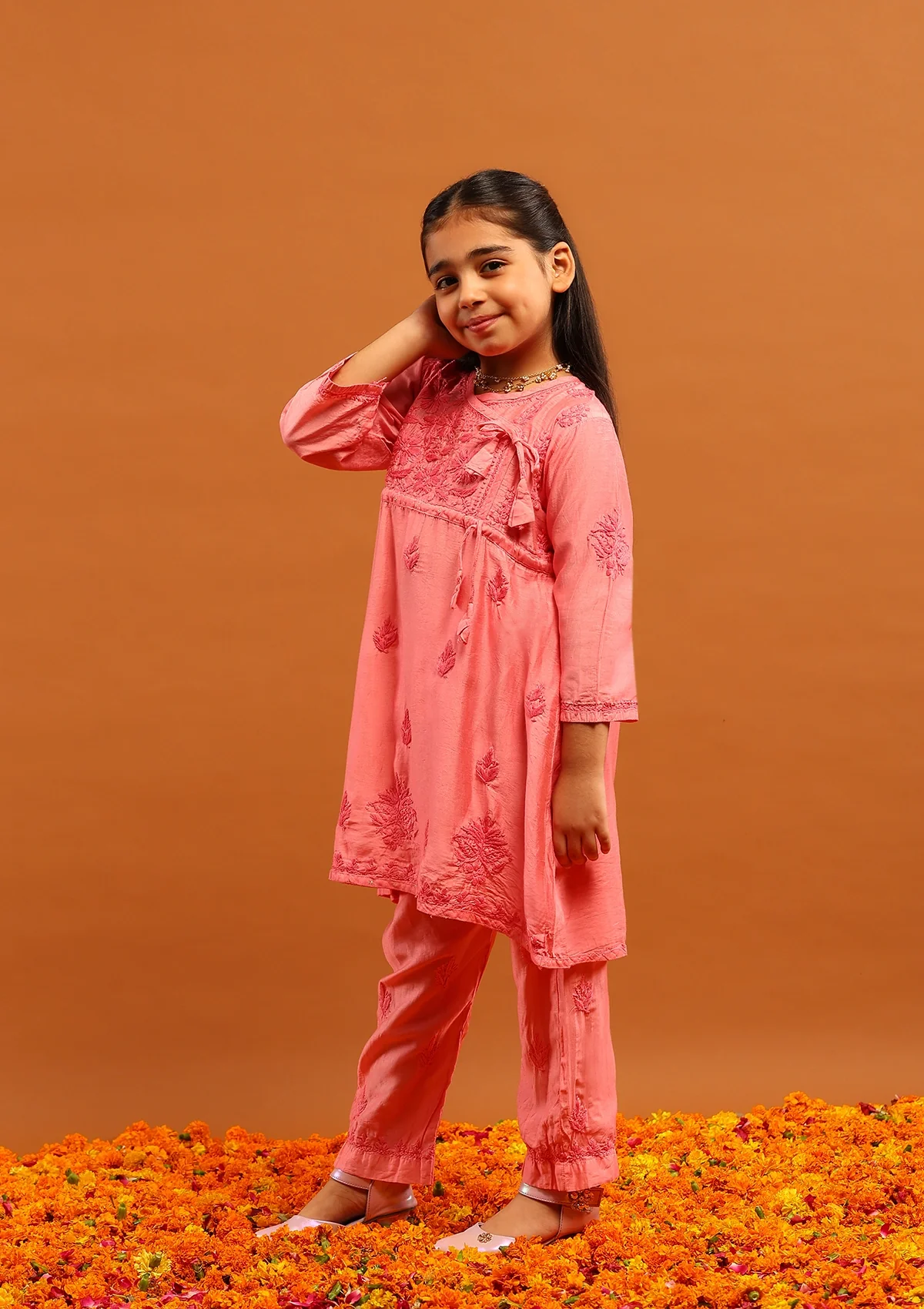 HOC Chanderi Chikankari Solid Girl's 2 PC Kurta Set Angrakha-Pink - Healthber
