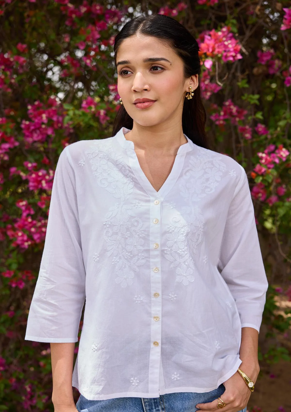 HOC Cotton Chikankari Solid Women's Shirt - White - Healthber