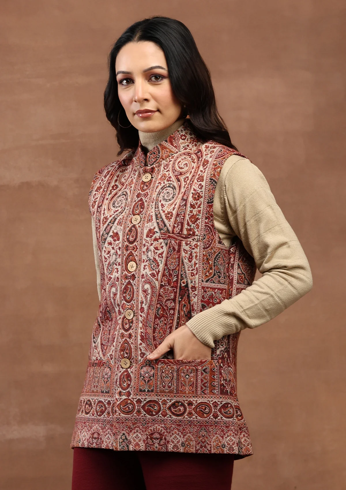 HOC Kashmiri Wool Kani Weave Women's Jacket-Red - Healthber