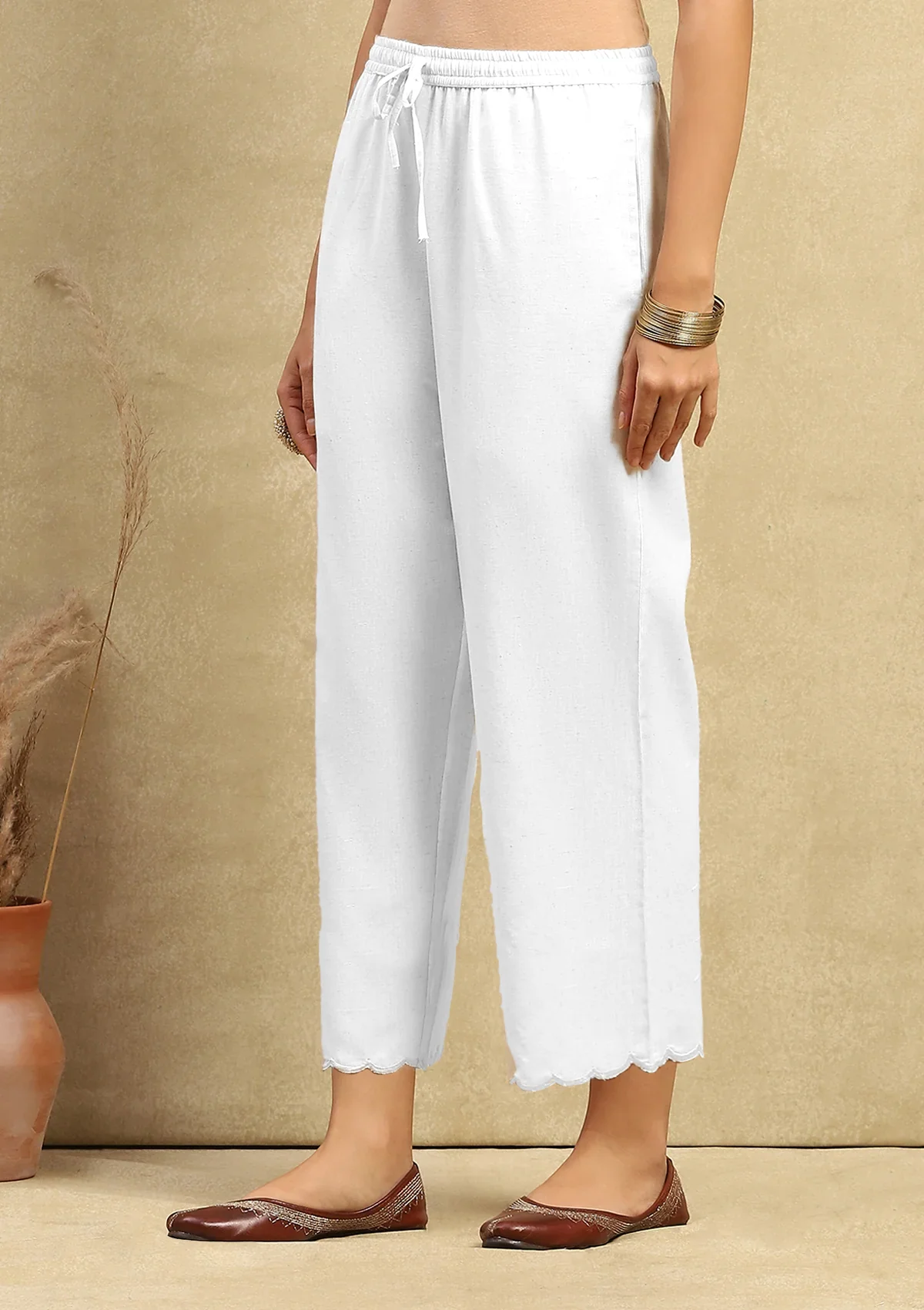 HOC Cotton Women's Solid Scalloped Culottes - White - Healthber
