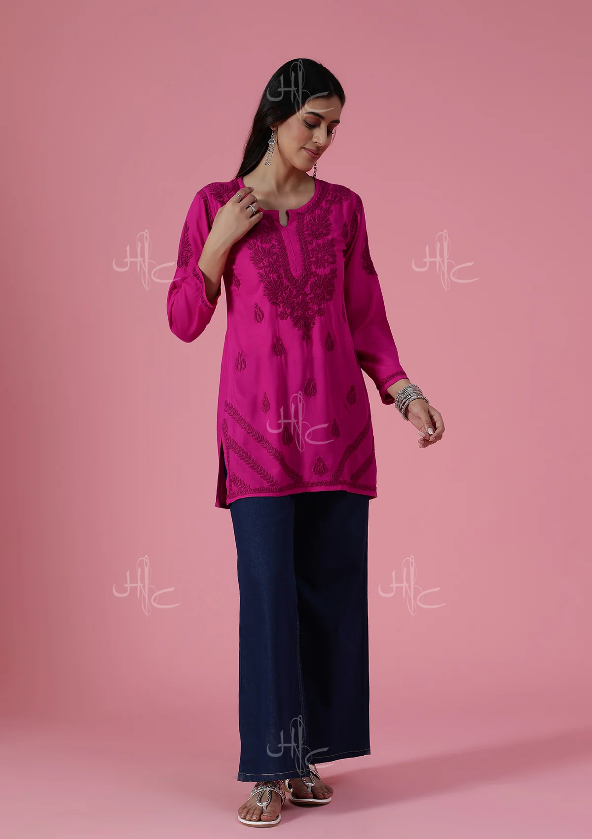 HOC Rayon Chikankari Solid Women's Short Kurta - Pink - Healthber