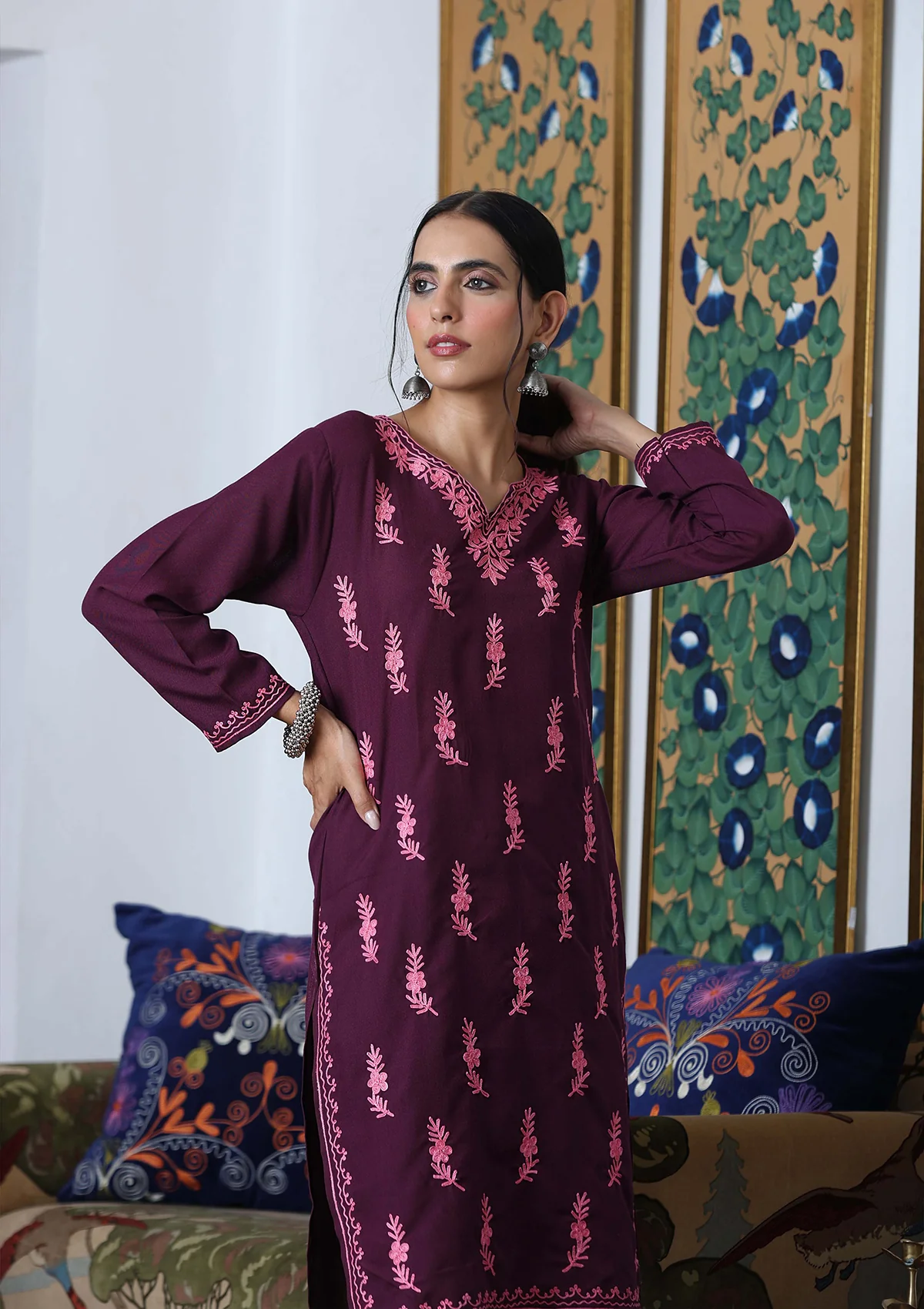 HOC Aari Embroidered Cotton Solid Women's Long Kurta - Dark Purple - Healthber