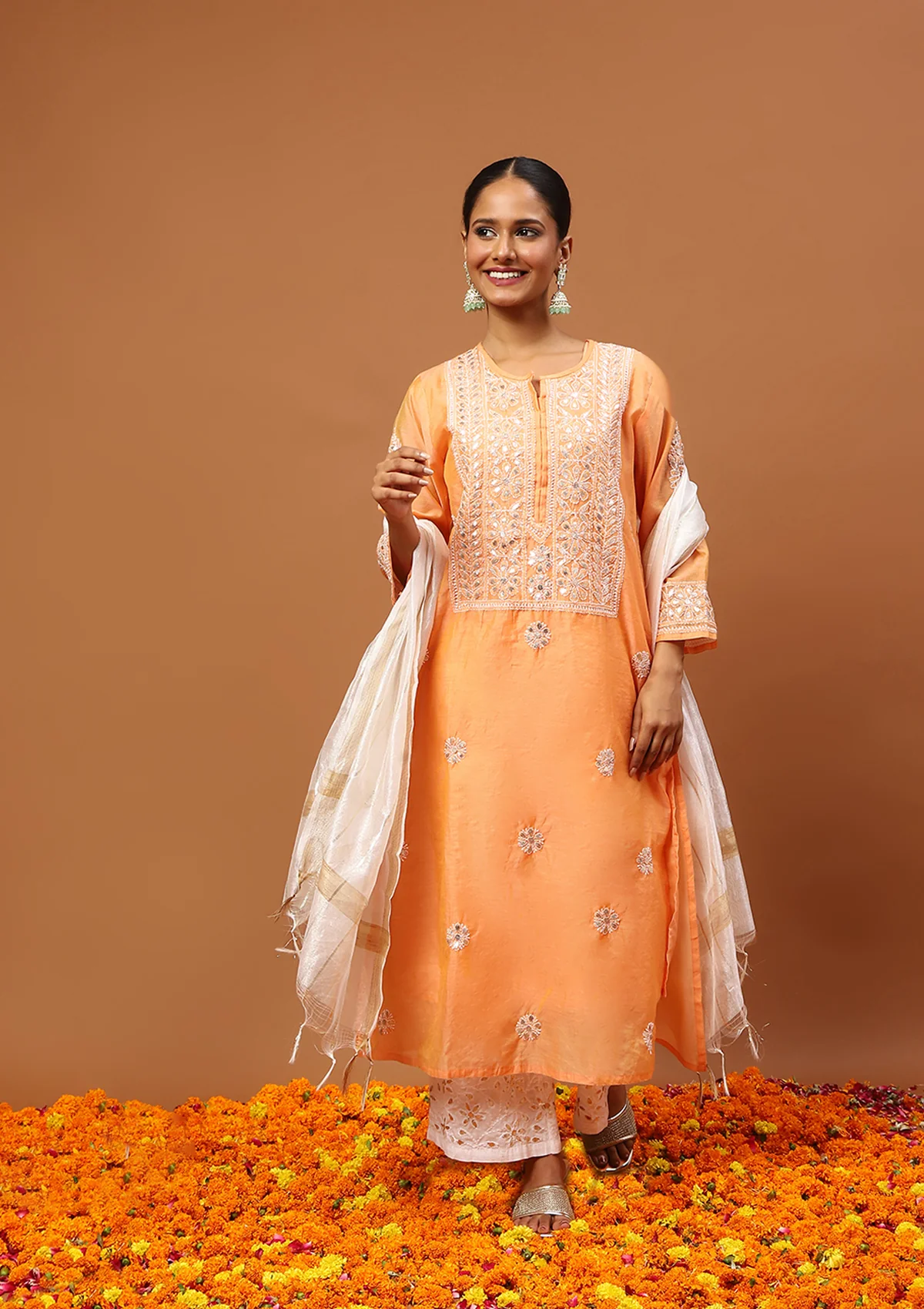 HOC Chanderi Chikankari Gota Work Solid Women's 4 PC Long Kurta Set-Orange - Healthber