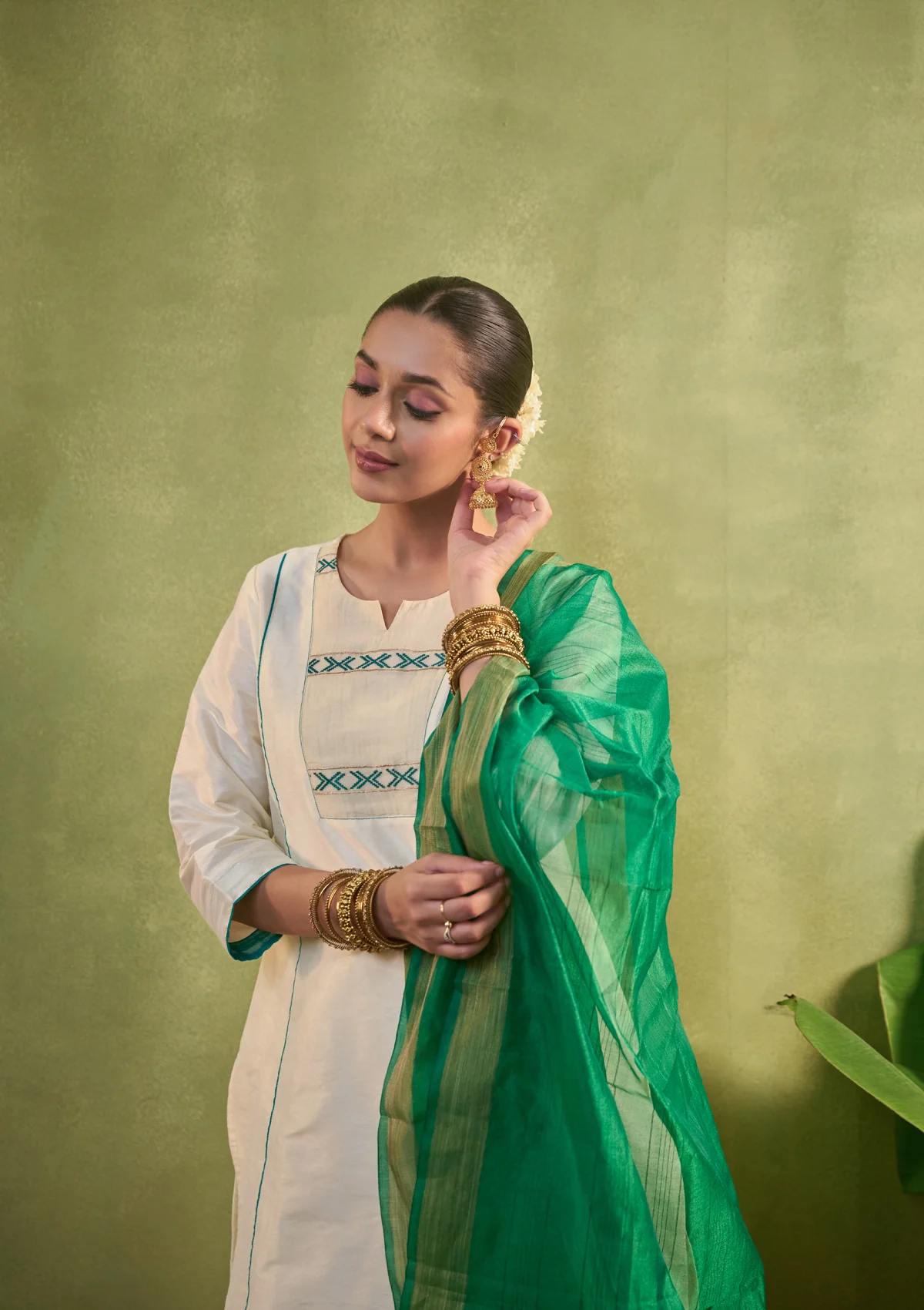 HOC Silk Blend Solid Women's 3 PC Long Kurta Set - Cream - Healthber