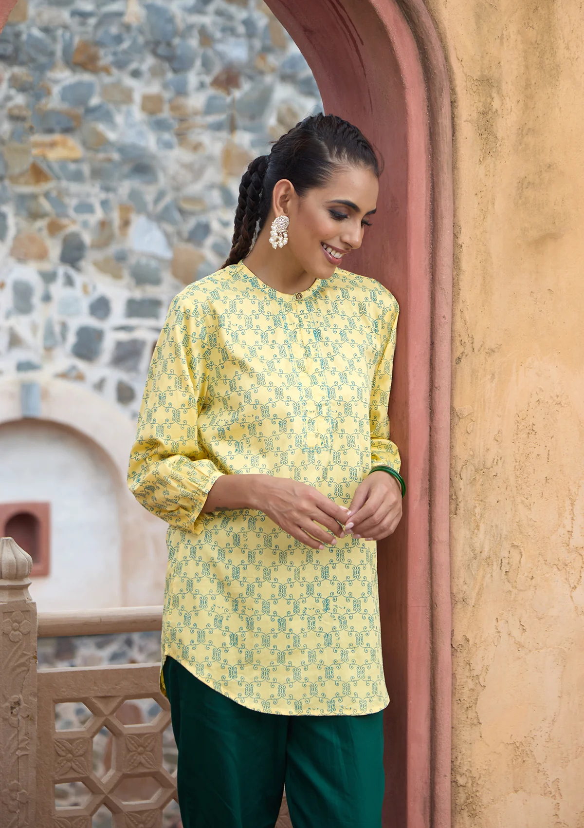 HOC Glazed Cotton Hand Block Printed Women's Short Kurta - Yellow - Healthber