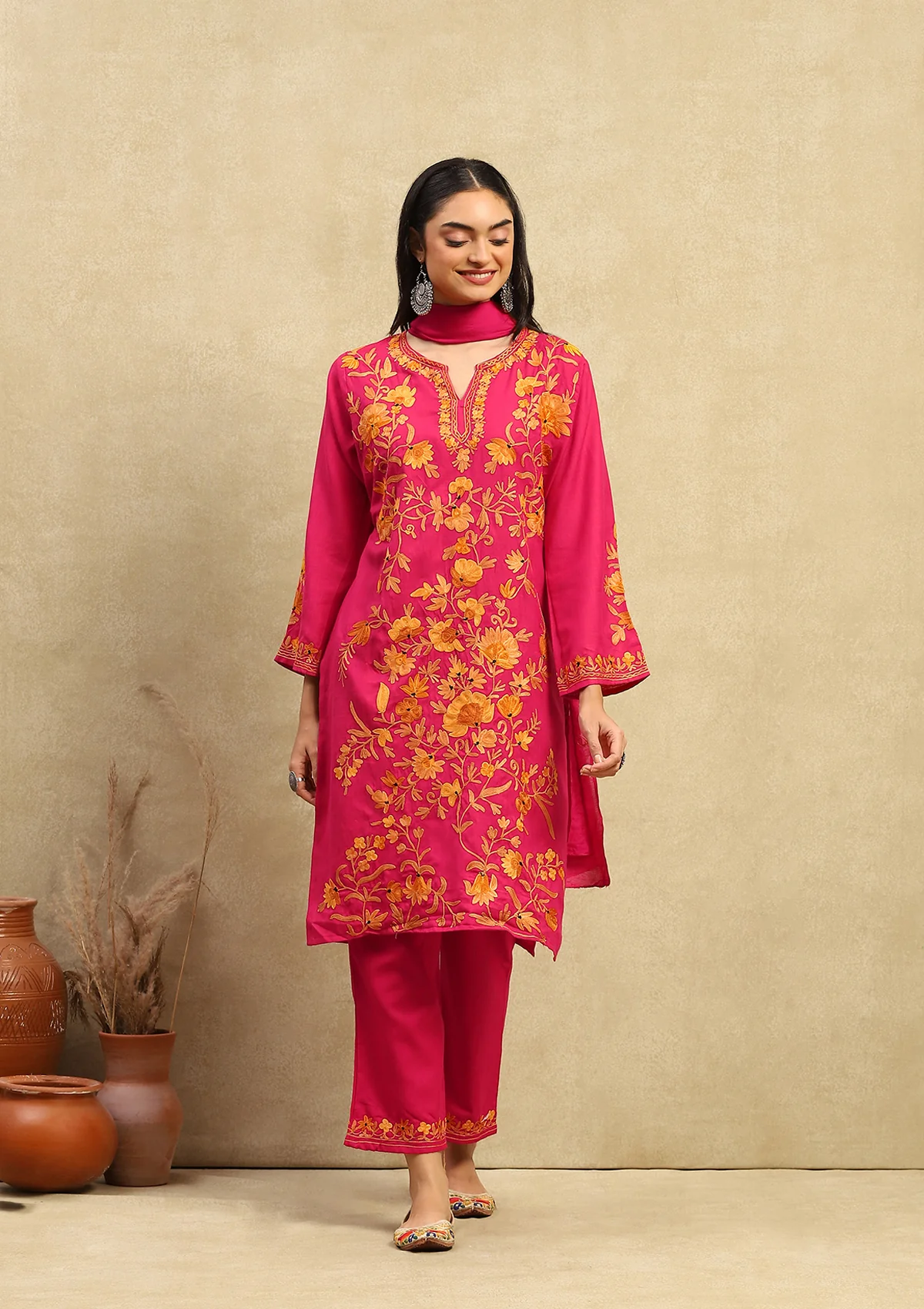 HOC Crafts Cotton Aari Embroidered Solid Women's 3 PC Long Kurta Set with Dupatta - Pink - Healthber