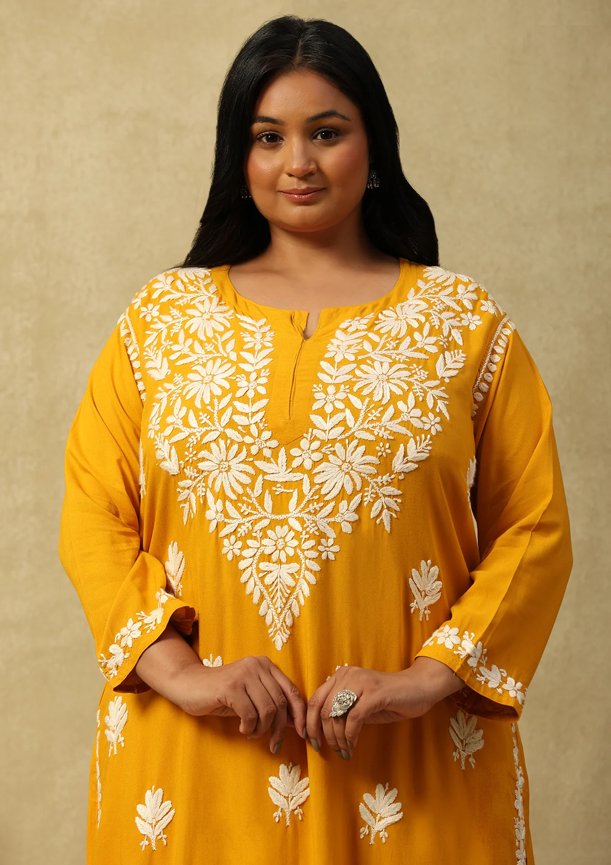 HOC Rayon Chikankari Solid Women's 2 PC Long Kurta Set- Mustard Yellow - Healthber