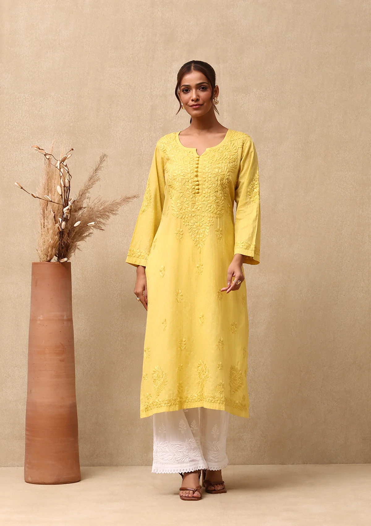 HOC Dobby Cotton Chikankari Solid Women's Long Kurta - Yellow - Healthber