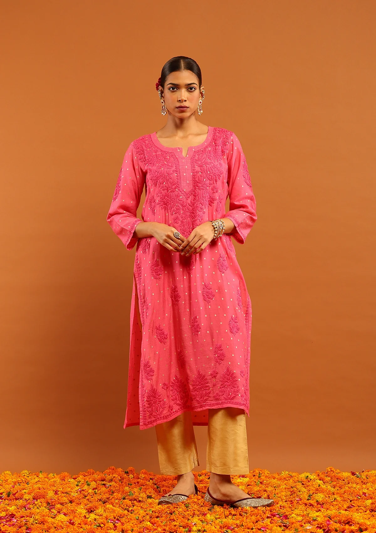 HOC Banarasi Chanderi Chikankari Solid Women's Long Kurta- Dark Pink - Healthber